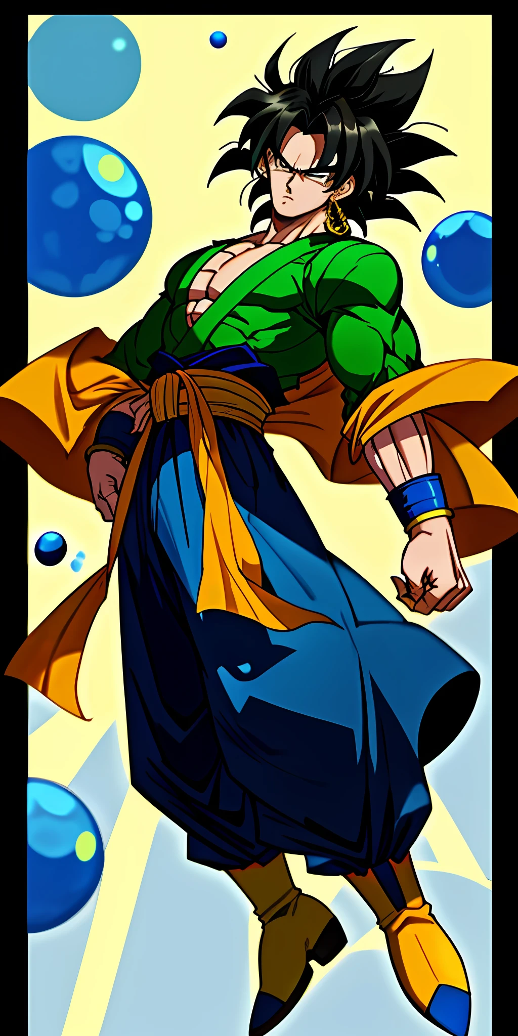 (masterpiece, best quality),1boy, Broly from Dragon Ball Z, Broly is a light skinned Saiyan with dark eyes and black spiky hair reaching his mid-back with short bangs framing his forehead. Broly is a towering man with a lean but well-built frame. His facial expression, had a melancholic demeanor to it. He is shirtless with only a chain with a blue gem in the center while wearing white pants with a red sash draped around his waist and secured by a gold belt with a blue gem-center. He also wears similar yellow boots with a blue gem at the top the front.