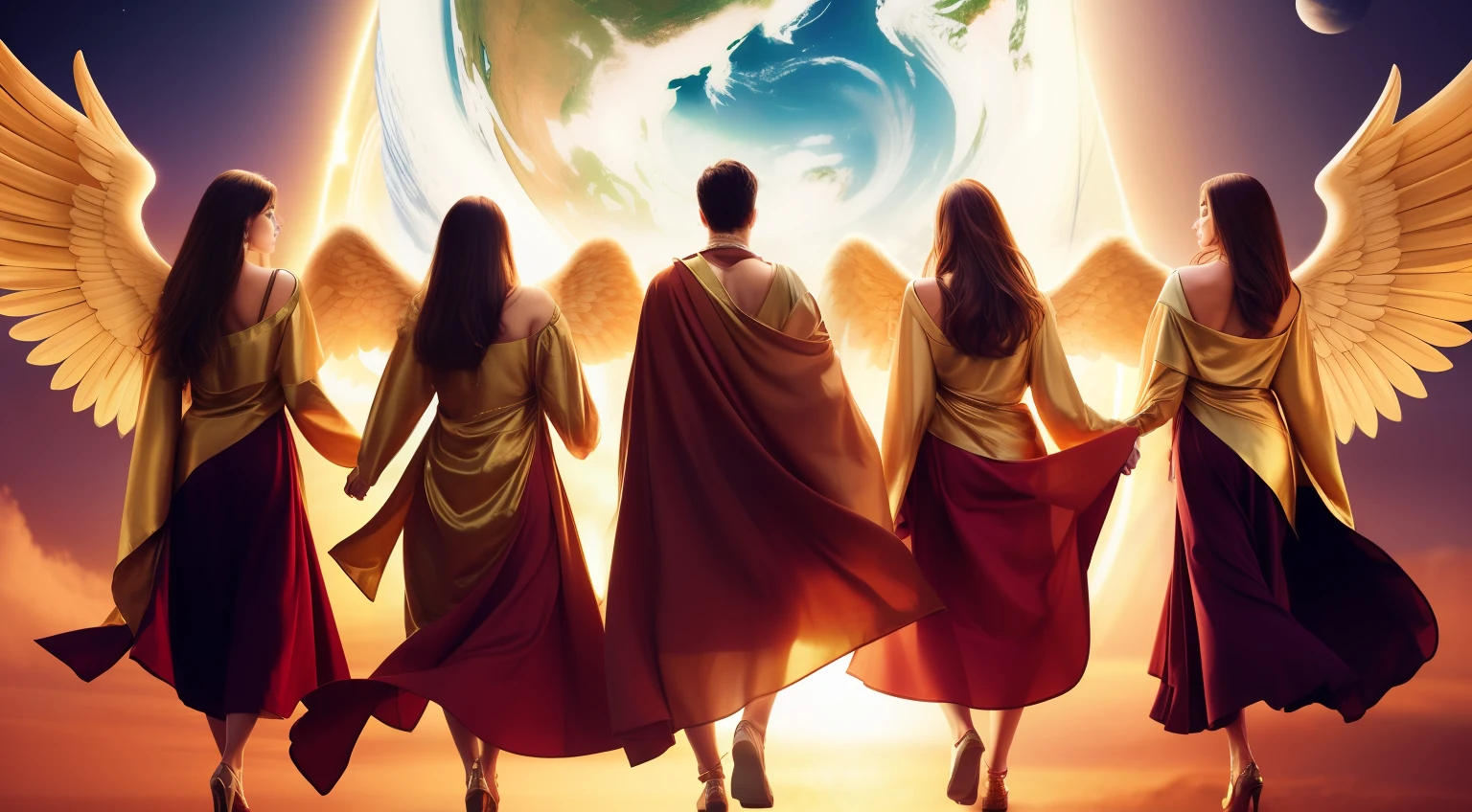4 angels, golden, back, male profile, divine clothes, around planet earth, blowing a wind --auto
