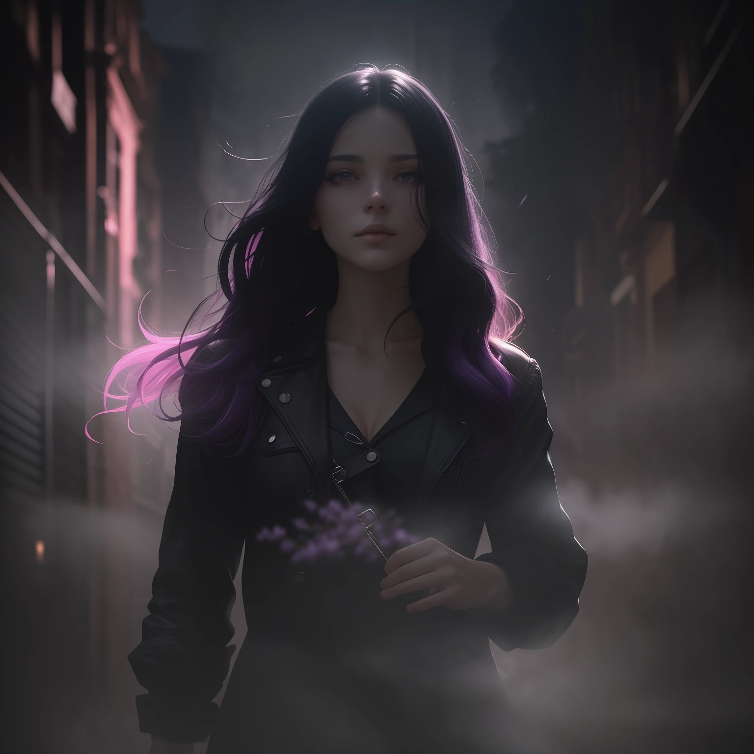 Woman walking head-on down a road at night, with fog and shadows, wavy and long black hair, detailed hand and fingers, high quality, ultra-detailed, 8k, masterpiece, (volumetric lighting), black magic, fanciful, lilac colors, purple, black and vivid shadows on the woman's return. --auto --s2