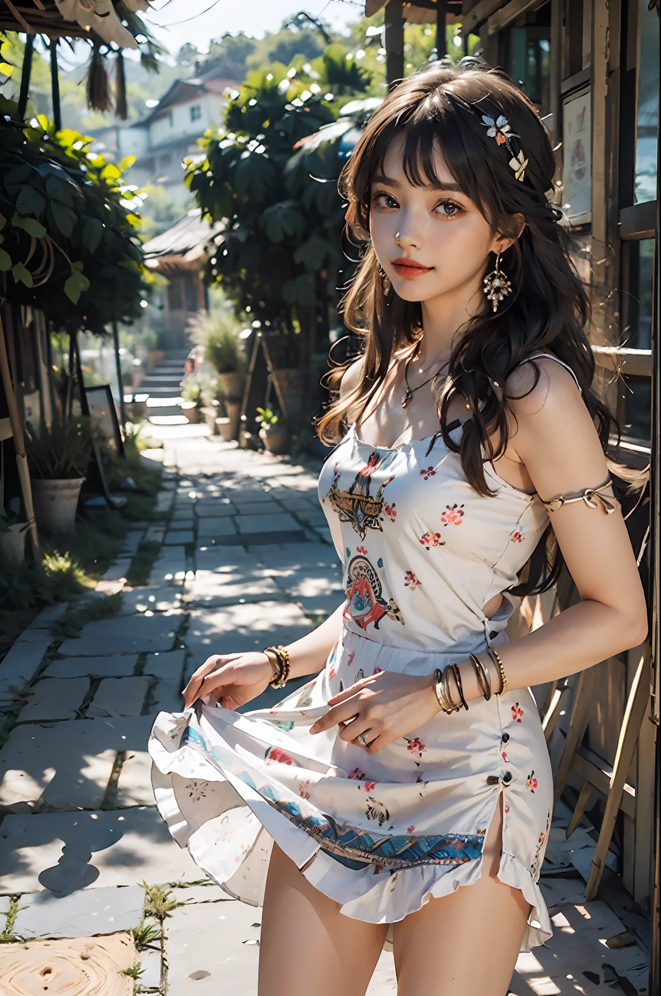 masterpiece, best quality, 1girl,long_hair,light smile, blunt bangs,looking at viewer,selfies,cowboy shot,(shot_hair:2),(Boho_printed_dress:1.5),(Straw_wedge_sandals:1.4),(Beaded_bracelets:1.3),
(realistic:1.5), cinemagraph,