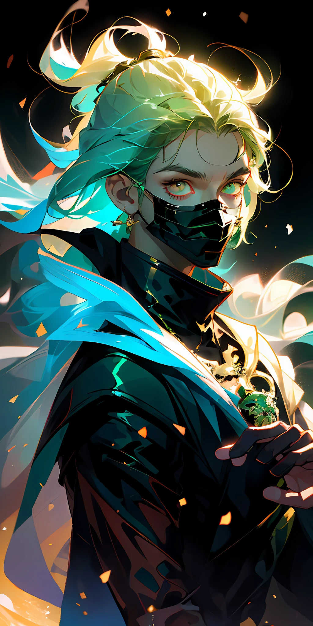 (best quality, masterpiece), 1boy, pose, golden particle, wind, upper body, simple background, looking at the viewer, (half black and half green hair), black coat, black mask. Half green hair, (golden eyes, golden eye), golden details, split hair, green and black, (golden particles).