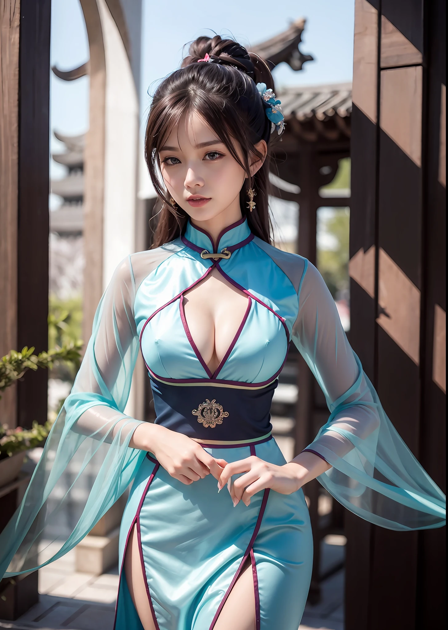 Superb masterpiece, close-up of a woman in a blue dress posing for a photo, Hanfu, palace, transparent Hanfu girl, wearing ancient Chinese translucent clothing, Chinese traditional clothing, Chinese clothing, Chinese clothing, Chinese style, transparent cheongsam, Chinese Traditional, wearing a transparent blue cheongsam dress, white transparent Hanfu, Chinese girl, beautiful fantasy queen, beautiful breasts, looming abdomen, beautiful legs, perfect body, 8k resolution, 9:17 picture,