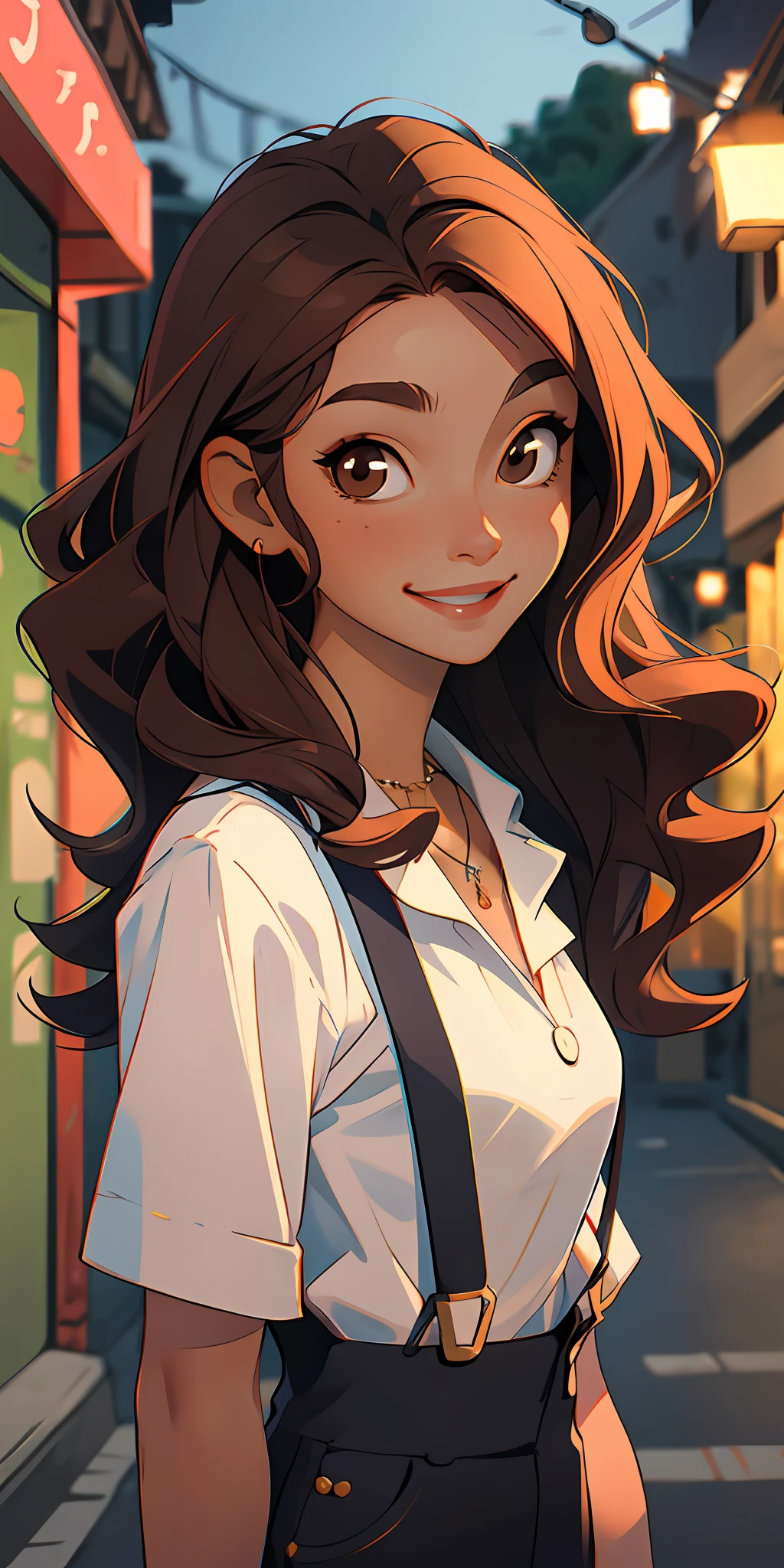 1girl, collarbone, wavy hair, looking at viewer, smile, blurry, upper body, necklace, suspenders, night scene, brown hair, empty street