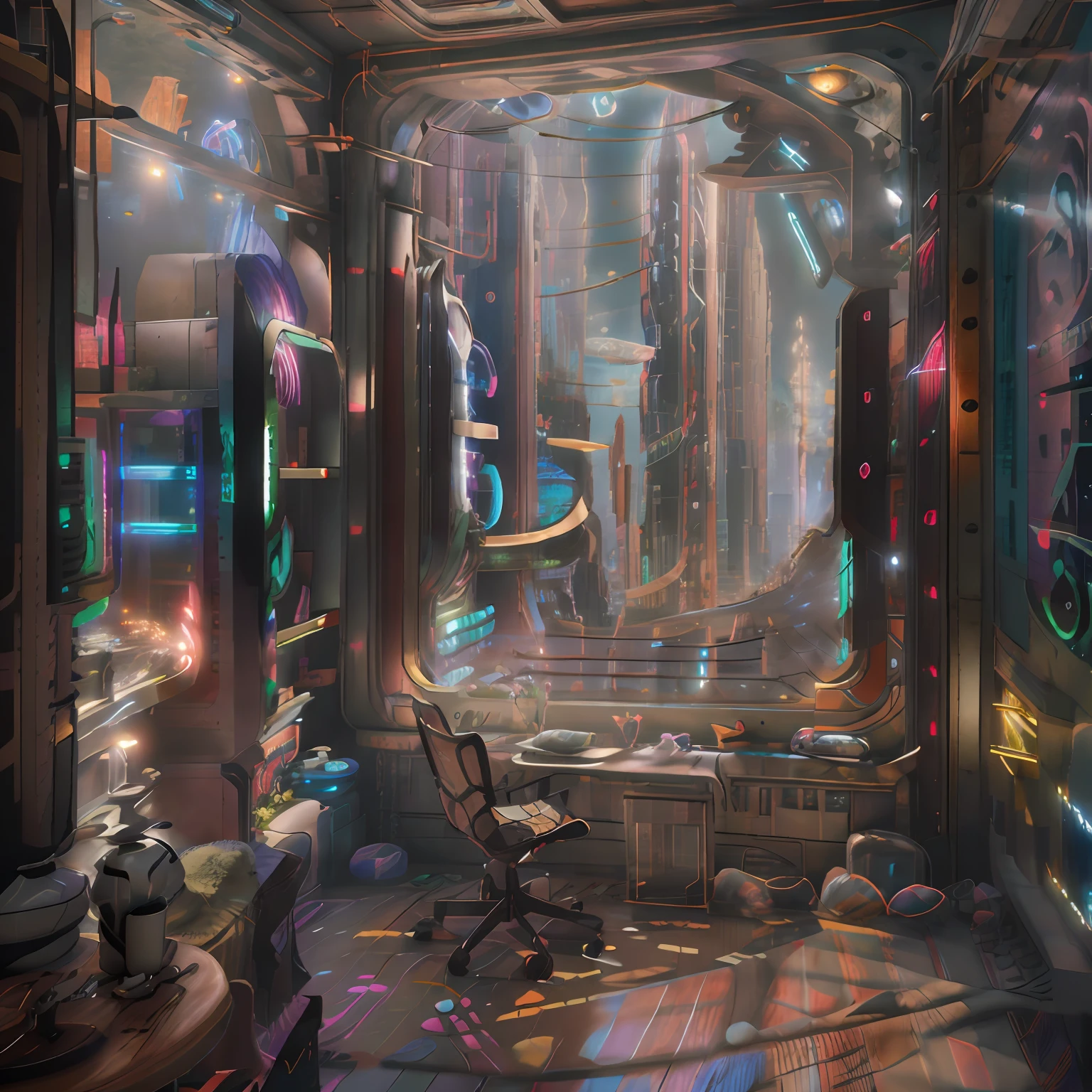 There is an ornate bedroom in the style of Versailles with a big historical window. A hyperrealistic cyberpunk dreamscape cityscape is in the window. The cityscape is extremely detailed with many lights and LED neon colors and buildings of many different sizes. The cityscape has all colors of the rainbow and has hires interesting flying steampunk dirigibles. A giant steampunk standalone clock is seen ((through the window)). The entire artwork is very realistic with many small details and enhancements. 3D render beeple, artstation and beeple highly, in fantasy sci-fi city, inspired by beeple, 8k, unreal engine unity CGI. Masterpiece and popular. Add many fantastical and beautiful details and nuances.