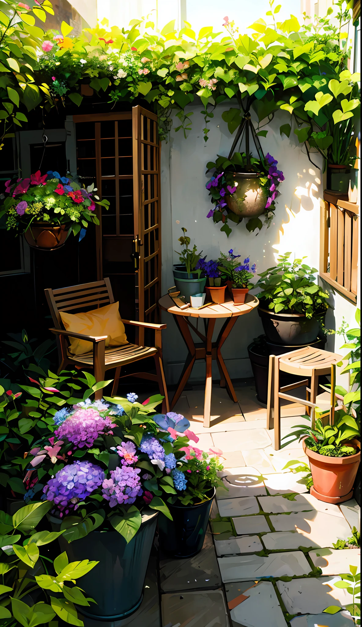 there are many potted plants and chairs in the courtyard, beautiful terrace, plants and patio, cute style garden, garden at home, garden setting, home and garden, garden environment, patio, with colorful flowers and plants, potted plants, lush garden, balcony, lush flowery outdoors, green terrace, terrace, lush plants and flowers, flowers garden, with flowers and plants