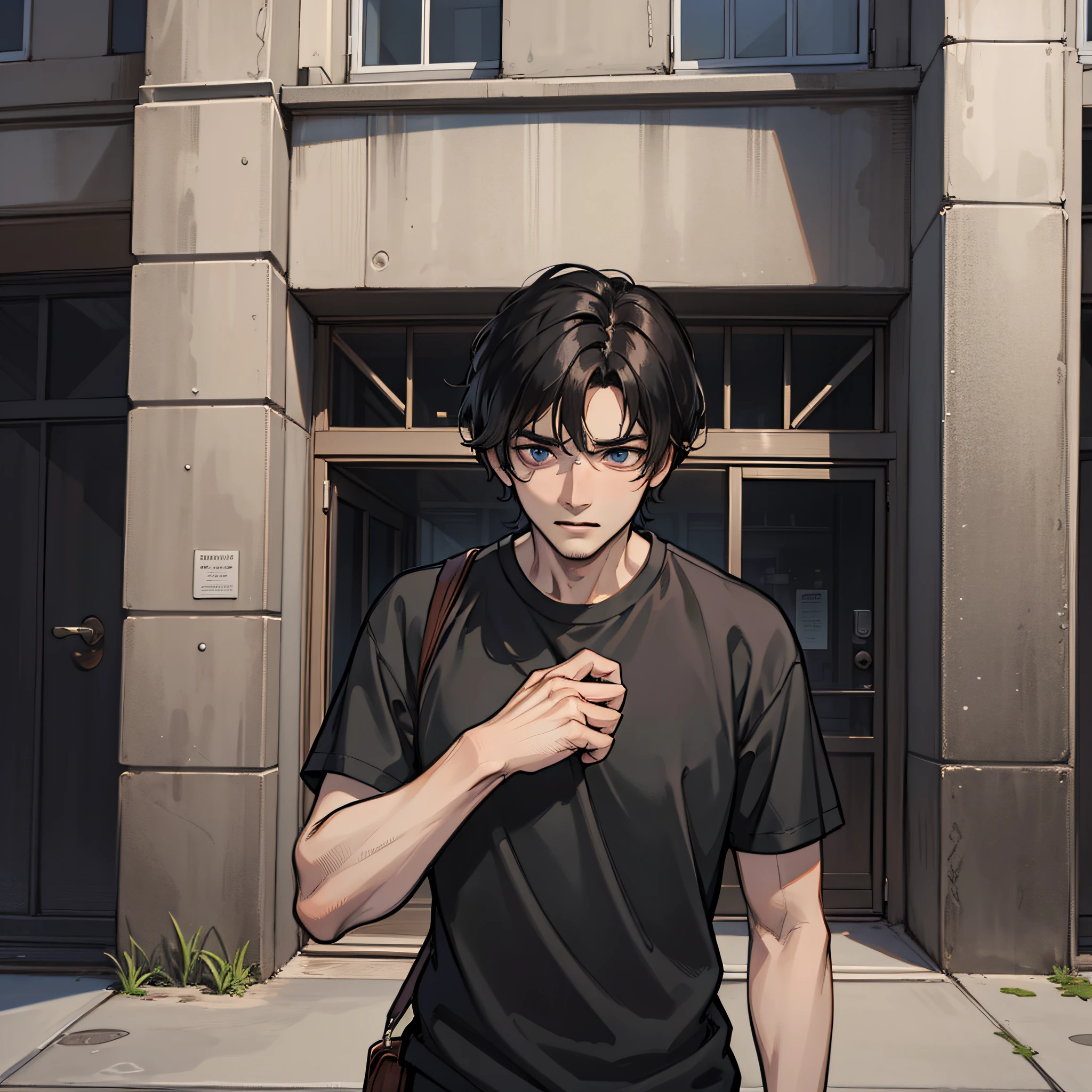 A man in black short sleeves (black hair), at the entrance of the prison, with a startled expression, 4k, high resolution
