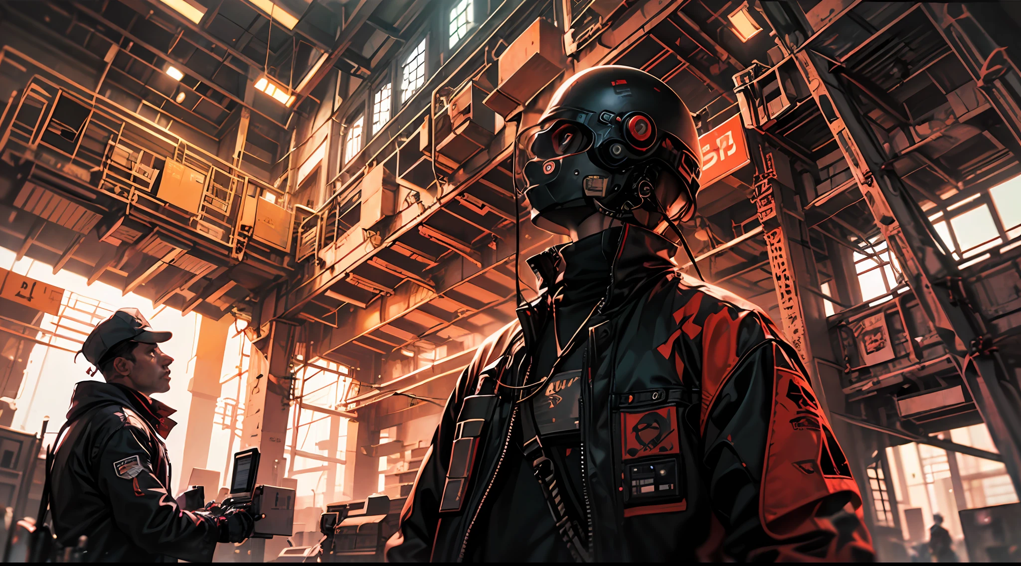 worker watches from a distance while other workers install optical fibers for an internet provider,((cyborgs:1.0)), uniform ((dark red)), red details, the environment is very technological, the year is 2060, (extremely detailed: 1.2), (intricate neon slums in the background:1.1), hyper-detailed, (soft lighting: 1.2), high resolution