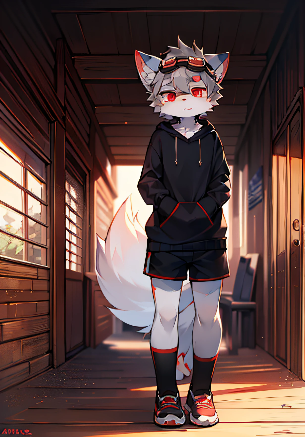 Panorama, character focus. (Detailed background: 0.7) Furry, Furry Male, Shota, Antr, (Full body fur, wearing goggles, sweatshirt and shorts, a fluffy tail, white fur, red eyes, gray hair: 1.2), (Canidae)