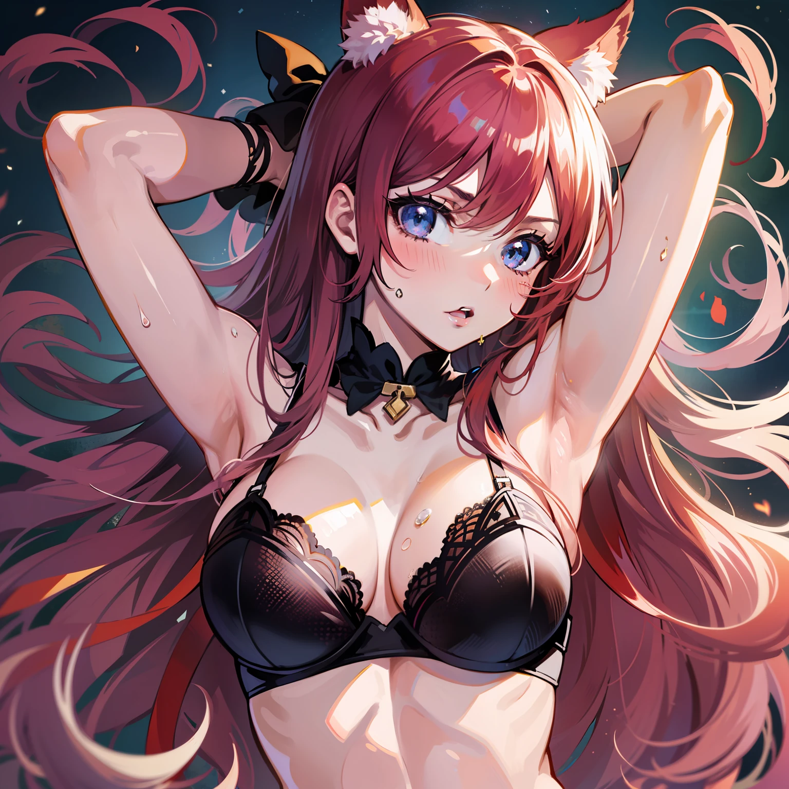 ((Best Quality, 8K)) Anime Girl with Long Hair and Cat Ears, Rin Tosaka, Anime Moe Art Style, Anime Style Like Fate/stay night, Long Hair Anime Girl, Very Cute Anime Girl Face, Nightcore, From Girl Frontline, Cute Anime Girl Portrait, Anime Girl with Cat Ears, High Quality Anime Art Style, beautiful anime woman red ribbon in hair angry beautiful abs beauty sweat armpit sweat luxury lingerie luxury hotels