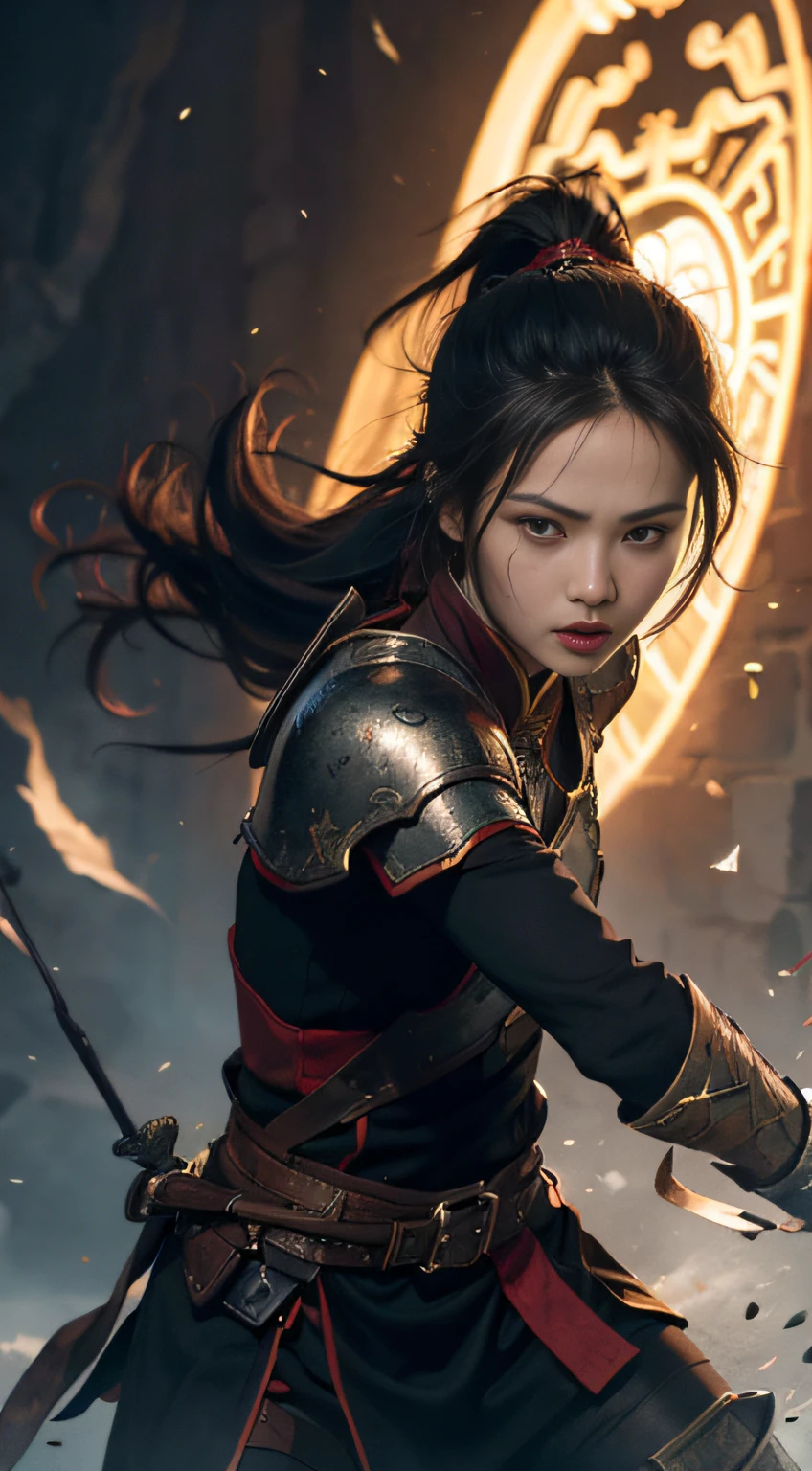 (Positive Focus), (In the Dark: 1), (Best Quality), (Realisticity: 1), Movie Poster, Realistic Skin Texture, Highly Detailed, 8k Wallpaper, Volume Lighting, Dynamic Lighting, A Girl, Long Black Hair, Ponytail, Black Metal Armor, Red Belt, Black Armor, Shoulder Armor, Waist Guard, Hand Guard, Veil, Holding a Long Sword in front of Body, Ancient Chinese Style, Short Sword at the Waist Attacking Posture, Lots of Blood, Damaged Clothes, Ancient Chinese Battlefield, A Group of Ancient Soldiers Chasing and Killing, Arrows Flying, War, night, dramatic composition, sword qi surrounding, rich picture detail, war, movie lighting,