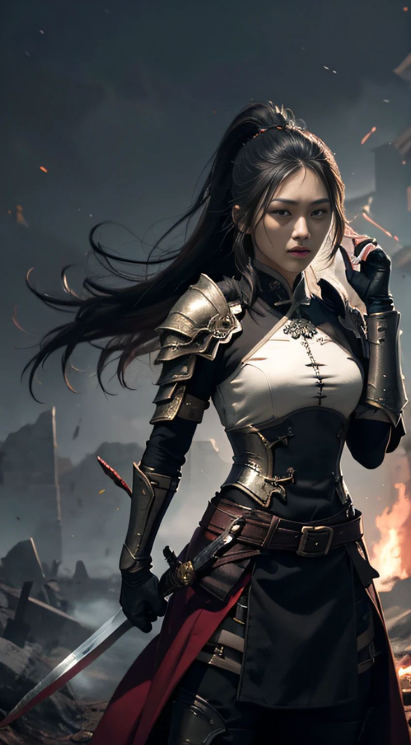 (Positive Focus), (In the Dark: 1), (Best Quality), (Realisticity: 1), Movie Poster, Realistic Skin Texture, Highly Detailed, 8k Wallpaper, Volume Lighting, Dynamic Lighting, A Girl, Long Black Hair, Ponytail, Black Metal Armor, Red Belt, Black Armor, Shoulder Armor, Waist Guard, Hand Guard, Veil, Holding a Long Sword in front of Body, Ancient Chinese Style, Short Sword at the Waist Attacking Posture, Lots of Blood, Damaged Clothes, Ancient Chinese Battlefield, A Group of Ancient Soldiers Chasing and Killing, Arrows Flying, War, night, dramatic composition, sword qi surrounding, rich picture detail, war, movie lighting,
