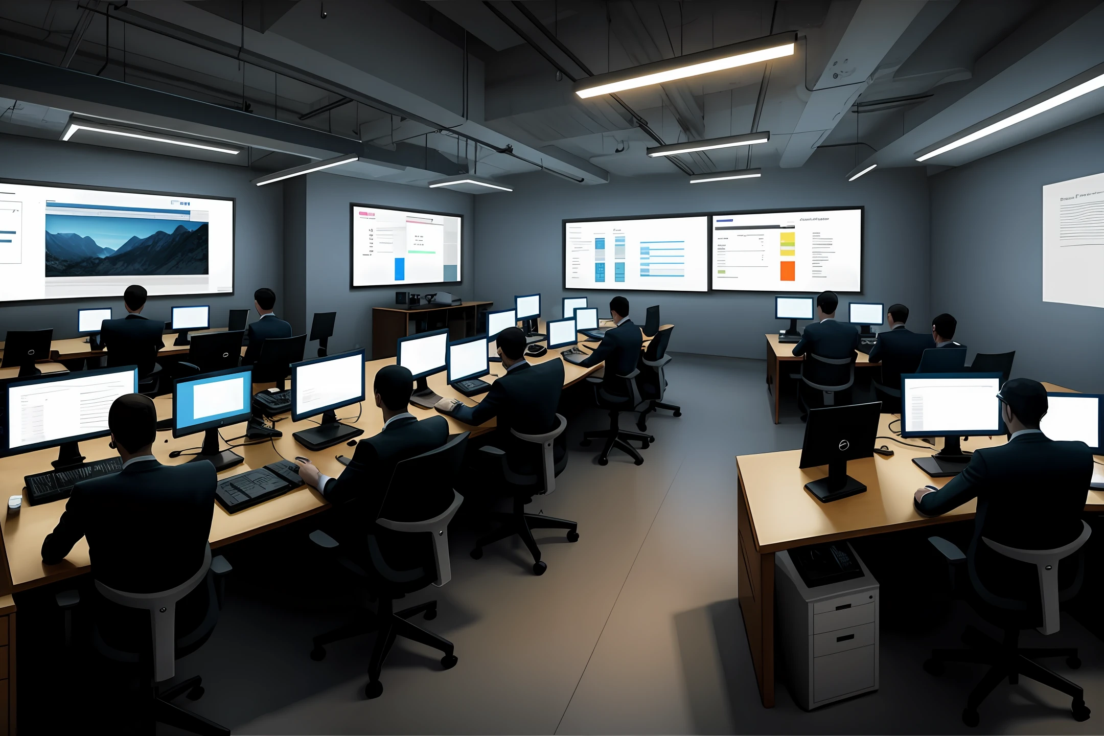 An intelligence squad with many people, many computers, illuminated environment, happiness, ultra realistic
