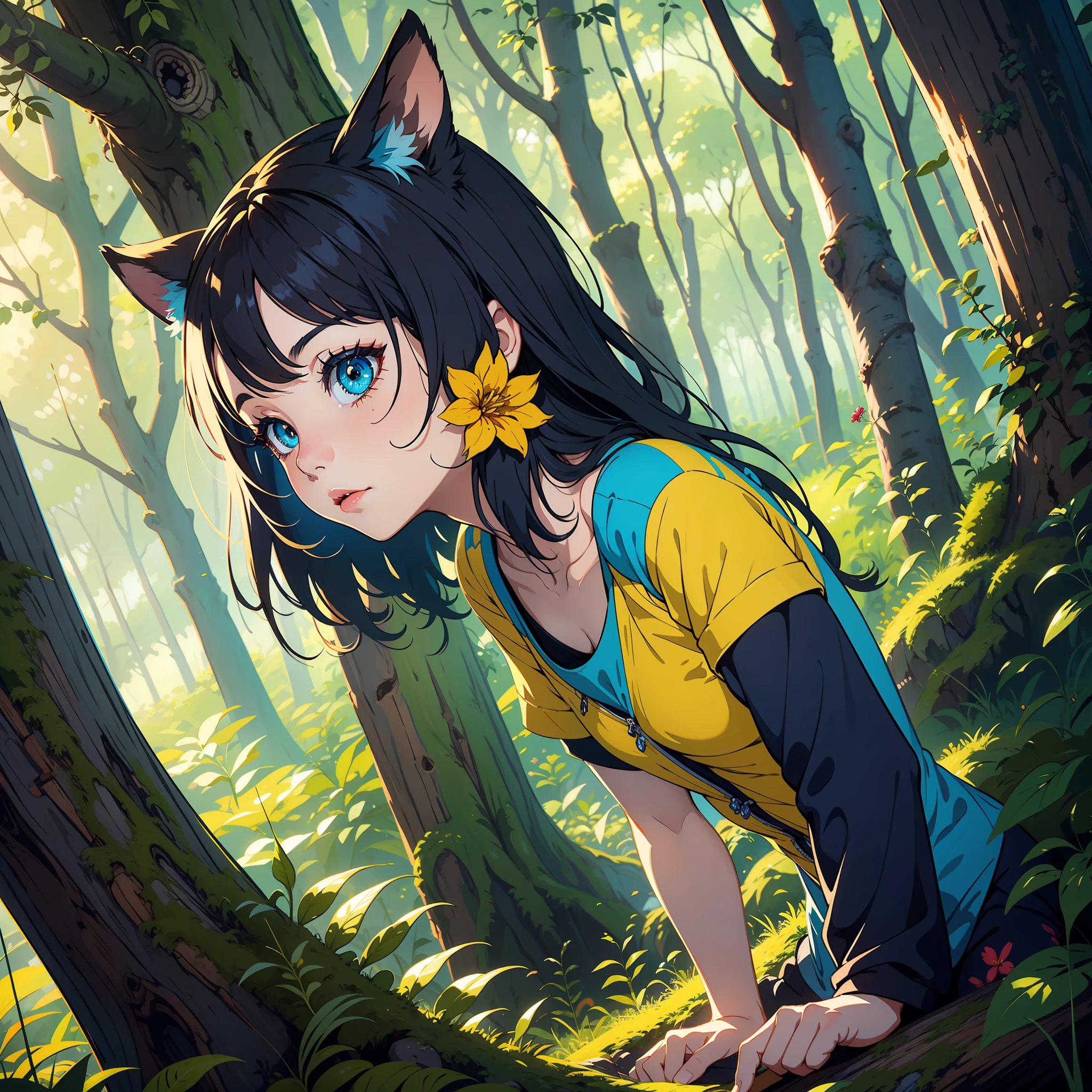 cartoon girl in yellow dress standing in a tree in a forest, childrens art in artstation, adorable digital painting, beeple and jeremiah ketner, cyril rolando and goro fujita, loish van baarle, digital 2d fantasy art, fantasy matte painting,cute, Artstation contest winner, magical fantasy 2 d concept art, pele azul, grandes olhos amarelos brilhantes