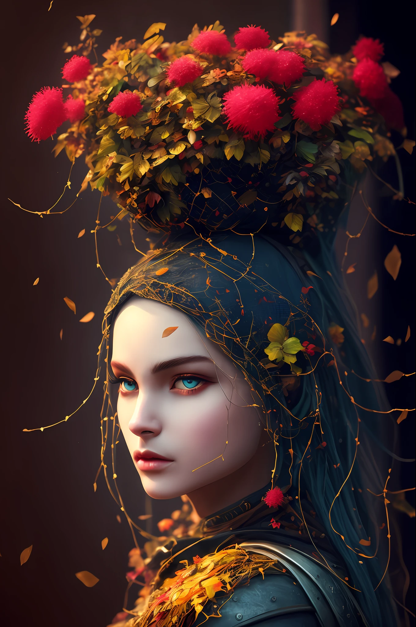 Imagine that the skin of this creature girl looks like it was made of a fishing net, with leaves and flowers growing on her body. Digital Epic Fantasy, Symmetrical Concept Art, Sinister Fantasy Illustration, Symmetrical Epic Fantasy Art, Epic Fantasy Science Fiction Illustration, Epic Fantasy Art Style, Epic Anime Art, Symmetrical Fantasy RPG Portrait, Anton Fadeev and Dan Mumford, (Masterpiece, Top Quality, Best Quality, Official Art, Beauty and Aesthetics: 1.2), Extreme Detail, (Fractal Art: 1.3), Colorful, Most Detailed, Full Body Pose, Cute Surrealist Photo, 8 K, Octane Beautifully Rendered, Very detailed, intricate, epic composition, cinematic lighting, masterpiece, art station trend, very, very detailed, stunning, HDR, smooth, sharp focus, high resolution, award-winning, award-winning photo, DSLR, 5 0 mm