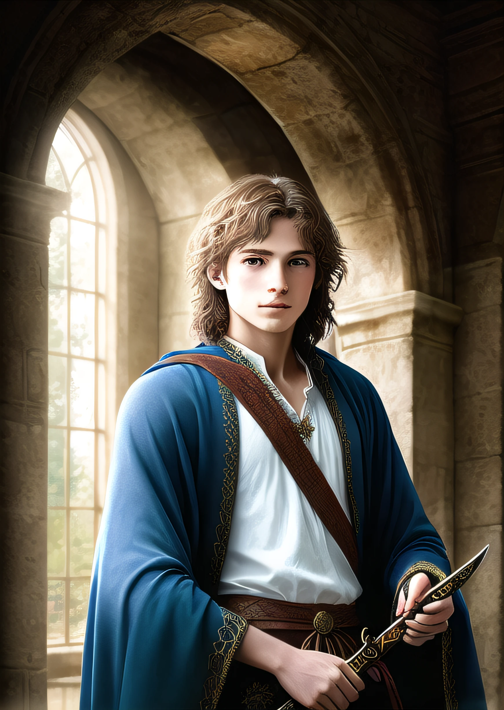 1 boy, thin, magical atmosphere, (intricately detailed, fine details, hyperdetailed), raytracing, subsurface scattering, (fantasy underworld journey in the background), diffuse soft lighting, shallow depth of field, sharp bokeh focus, (photo quality: 1.4), portrait in the style of the young wizard Merlin, from the legend of King Arthur, male, dressed in a flowing brown magic robe, adorned with intricate silver embroidery,  covered by a white cloak with gold trimmings, and holding King Arthur's sword, emanating a soft blue glow. The portrait is expertly rendered using digital painting techniques, creating a highly detailed and realistic representation, perfect for conceptual art or illustration. This portrait captures the essence of the magical and mystical world of the ancient Celts