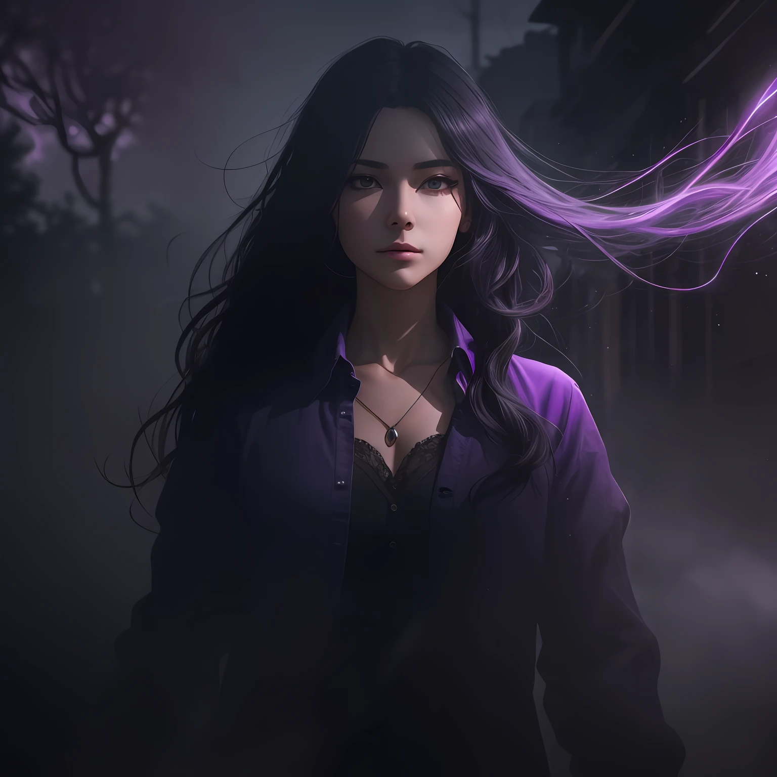 Woman walking head-on down a road at night, with fog and shadows, wavy and long black hair, detailed hand and fingers, high quality, ultra-detailed, 8k, masterpiece, (volumetric lighting), black magic, fanciful, lilac colors, purple, black and vivid shadows on the woman's return. --auto --s2