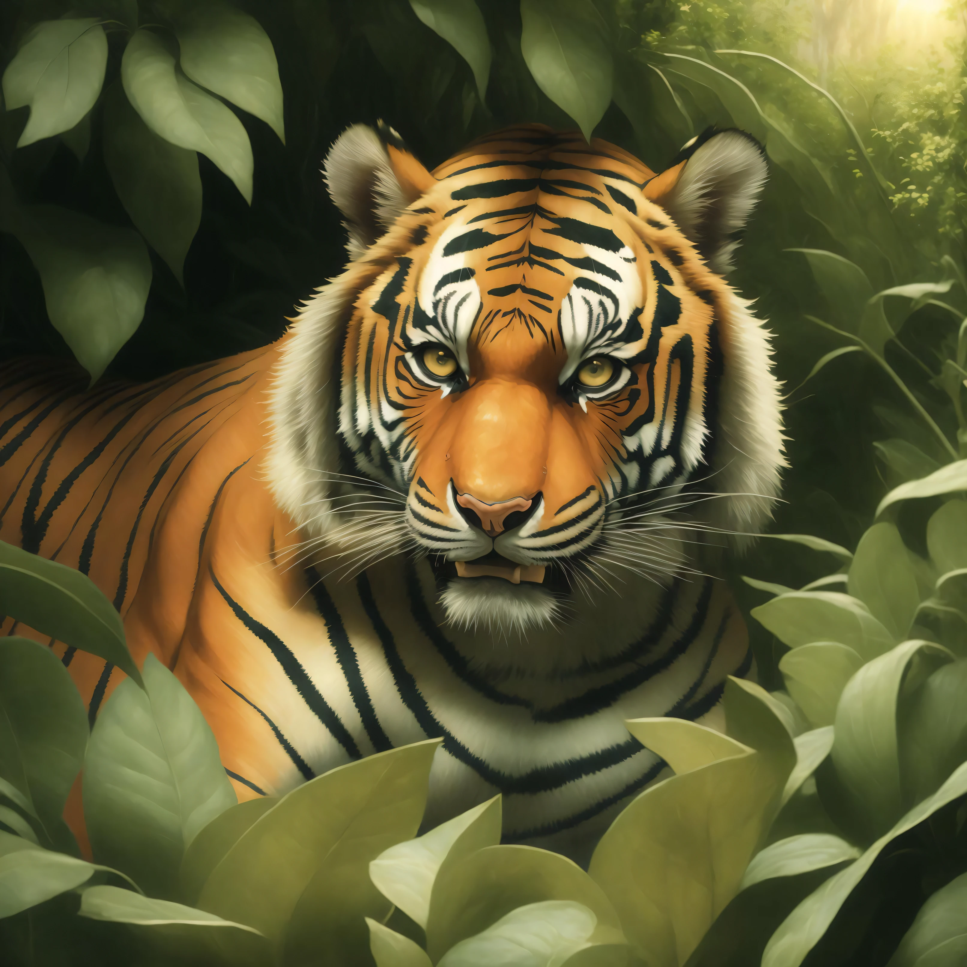 Tiger hiding in the bushes, classical art painting by Gustave Courbet in the style of Sir Lawrence Alma-Tadema, lit by bright sunlight