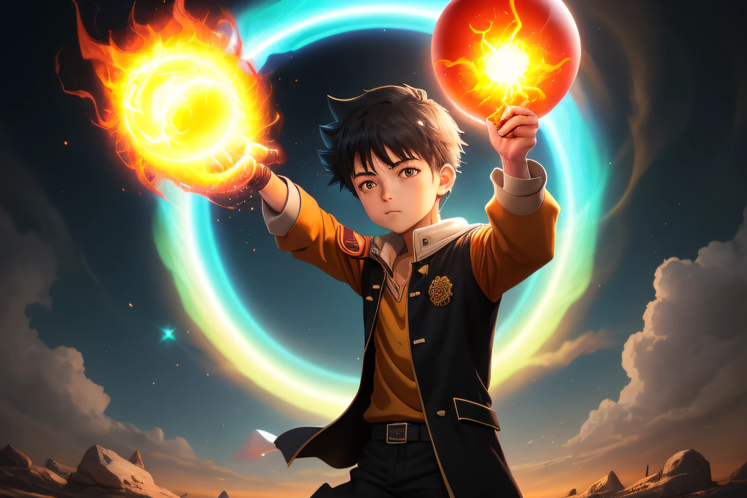 cartoon of a boy holding a glowing sphere, he is casting a lighting spell, inspired by Un'ichi Hiratsuka, in an anime style, wielding a fireball, [digital art]! Emerging a power over the hand