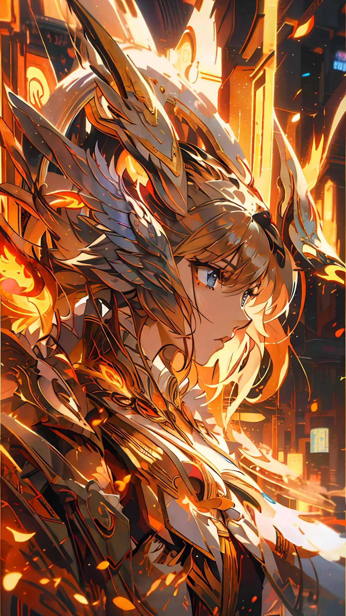 Close-up of a woman wearing sword and armor, detailed key anime art with fiery golden flame wings, detailed anime art, detailed anime artwork, winding in flames, detailed digital anime art with fiery golden wings, HD anime wallabies, flames surrounding her, epic light novel art cover, anime wallabies, HD anime art, super detail, 8k
