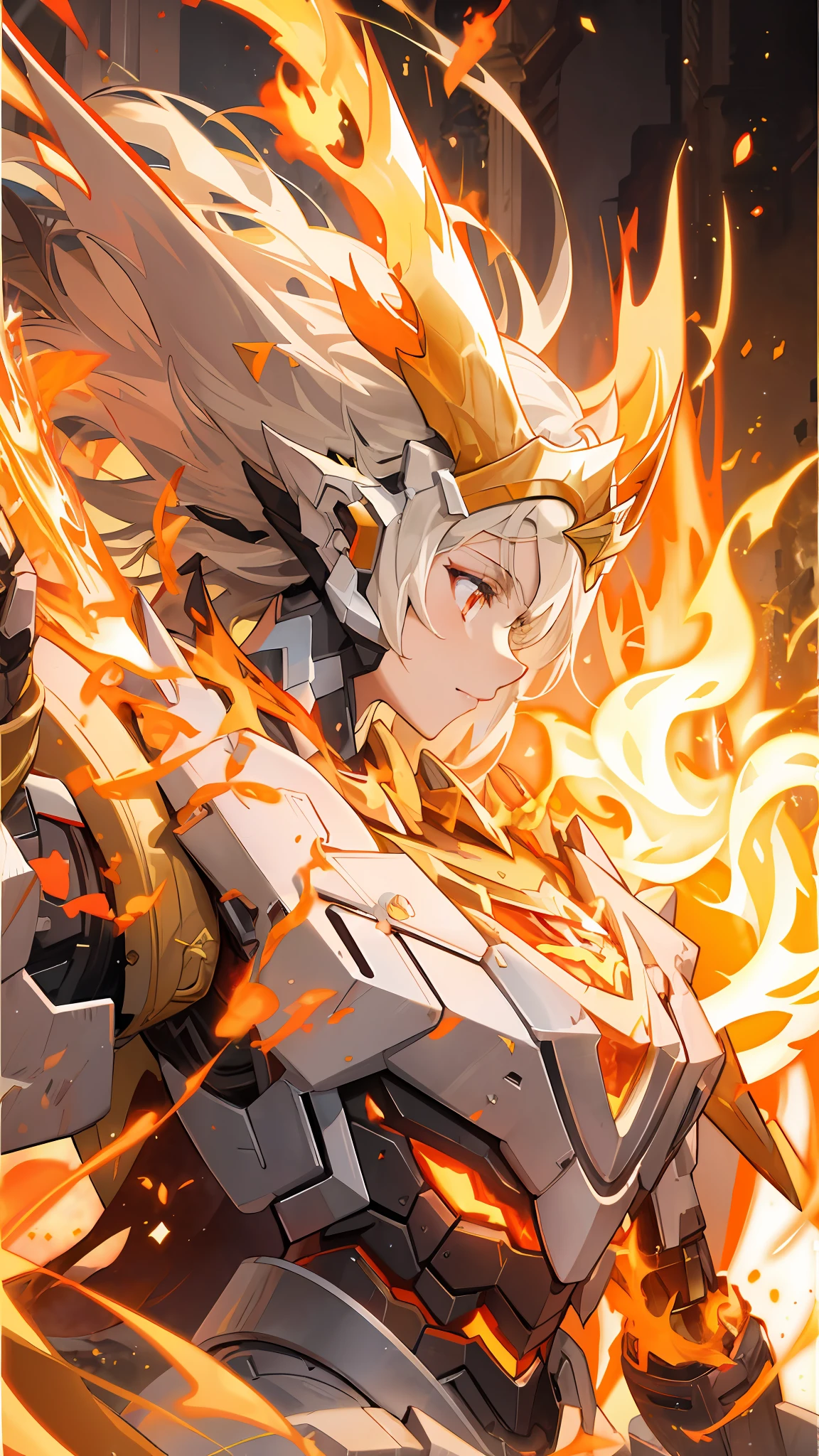 A close-up of a robot with fire, golden paladin, fire summoning armor in the background, ((King of AI Art)), Fire, King of AI Art, Detailed Key Anime Art, Profile Image 1024px, Official Artwork, Full Art, Fire Element, From Ark Night with fiery golden flame wings, Super Detail, 8k