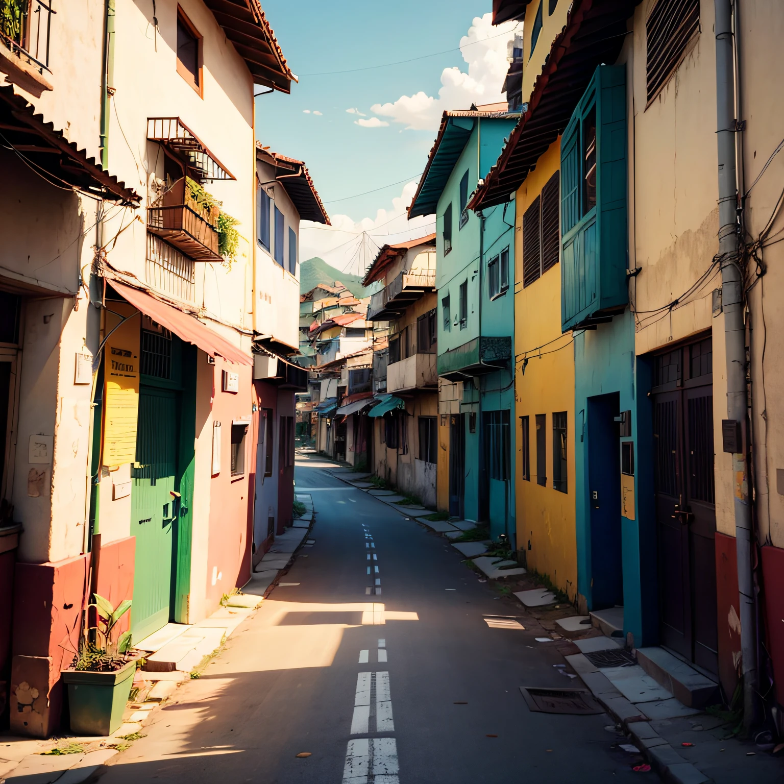 Favela, very colorful, realistic, poles with light and shadow, kite lines and tennis hanging on the power wires, paved street, vision of a person, village with many lights in the buildings, amazing wallpaper --auto