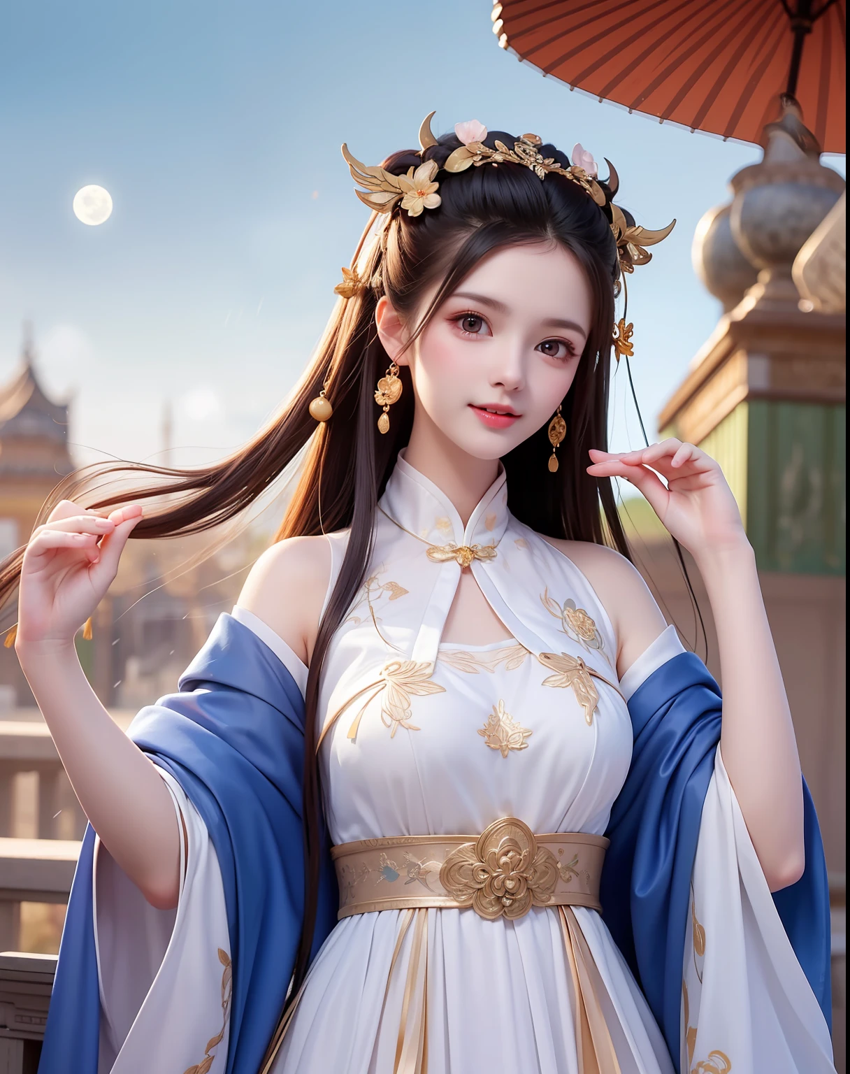 (8k, RAW photo: 1.2), top quality, ultra high resolution, dramatic angle, smile, (fine color splashes flutter), (illustration), (1 girl))), (long hair), (rain: 0.9), (hair ornament: 1.4), there is an ancient palace next to the girl, china clothes, (focus), color ink painting, (color splash), colorful splash, ((((colorful))) (Sketch: 0.8), Masterpiece, Best Quality, Beautifully Painted, Highly Detailed, (Denoise: 0.6), (Denoise: 0.6), (Splash Ink), (Ink Refraction)), (Beautiful Detailed Sky), Moon, Highly Detailed, (Masterpiece, Best Quality, Very Detailed), (Masterpiece, Best Quality, Very Detailed), (Lycoris radiata),