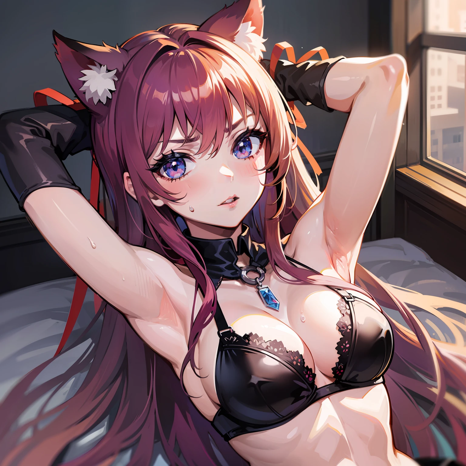 ((Best Quality, 8K)) Anime Girl with Long Hair and Cat Ears, Rin Tosaka, Anime Moe Art Style, Anime Style Like Fate/stay night, Long Hair Anime Girl, Very Cute Anime Girl Face, Nightcore, From Girl Frontline, Cute Anime Girl Portrait, Anime Girl with Cat Ears, High Quality Anime Art Style, Beautiful anime woman red ribbon in hair angry beautiful abs beautiful armpit sweat armpit sweat luxury lingerie in prison prison