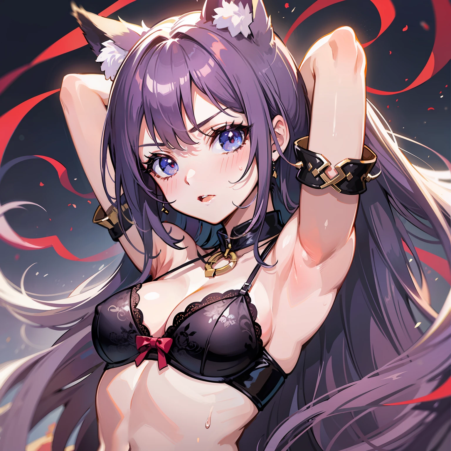 ((Best Quality, 8K)) Anime Girl with Long Hair and Cat Ears, Rin Tosaka, Anime Moe Art Style, Anime Style Like Fate/stay night, Long Hair Anime Girl, Very Cute Anime Girl Face, Nightcore, From Girl Frontline, Cute Anime Girl Portrait, Anime Girl with Cat Ears, High Quality Anime Art Style, Beautiful anime woman red ribbon in hair angry beautiful abs beautiful armpit sweat armpit sweat luxury lingerie in prison prison