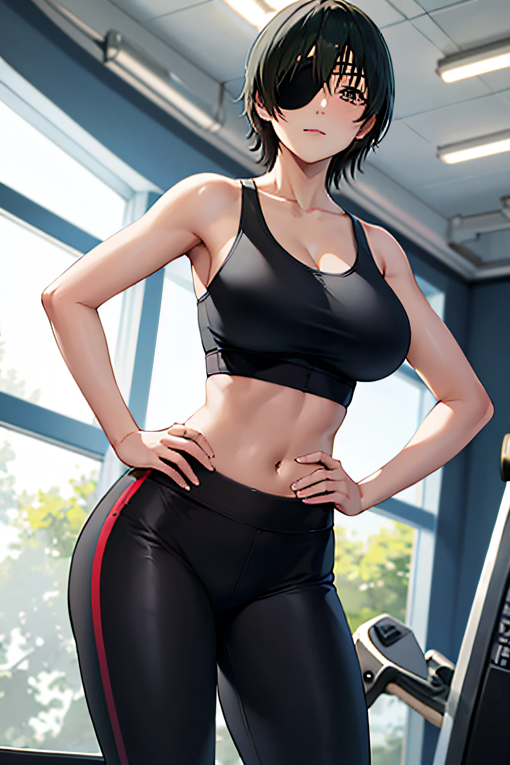 masterpiece, best quality, highres, hmn1, eyepatch, breasts, white_tank_top, midriff cowboy shot, indoors, hand on hip, large breasts, lean, leggings, right leggings, black leggings, Himeno, working out, gym