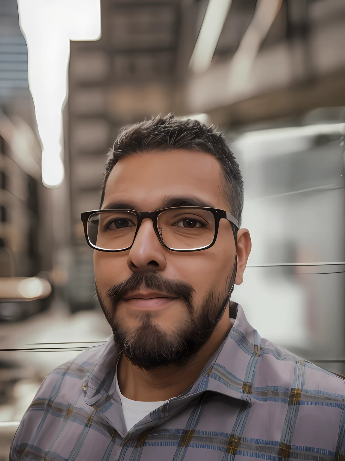 There is a man with glasses and a plaid shirt posing for a photo, with glasses and goatee, front photo, with nerd glasses and goatee, avatar image, about 3 5 years, headshot profile picture, with a small beard, realistic photo, emad mustaque, with mustache, profile picture, realistic animation style, Anime, mockup of (soda can with Japanese punk rock design