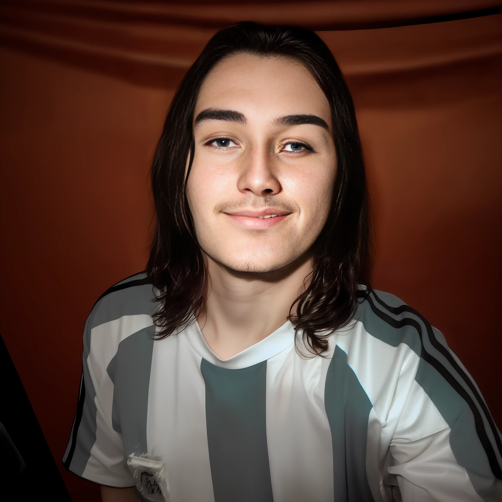 arafed man with long hair and a white shirt posing for a picture, tommy 1 6 years old, portrait shot 8 k, twitch streamer / gamer ludwig, mateus 9 5, around 1 9 years old, 8k selfie photograph, young with long hair, linus sebastian, very very low quality picture, looking straight to camera, frontal picture, bizzaro