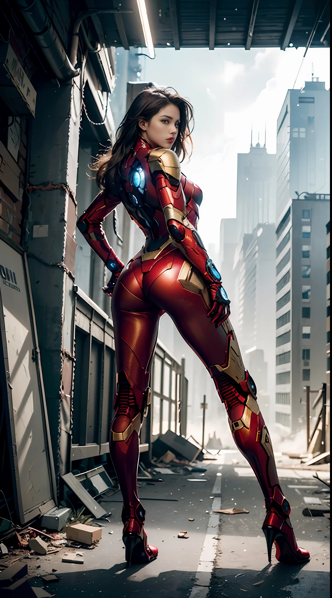 RAW, Masterpiece, Ultra Fine Photo,, Best Quality, Ultra High Resolution, Photorealistic, Sunlight, Full Body Portrait, Stunningly Beautiful,, Dynamic Poses, Delicate Face, Vibrant Eyes, (Side View) , she is wearing a futuristic Iron Man mech, red and gold color scheme, highly detailed abandoned warehouse background, detailed face, detailed and complex busy background, messy, gorgeous, milky white, high detailed skin, realistic skin details, visible pores , sharp focus, volumetric fog, 8k uhd, dslr camera, high quality, film grain, fair skin, photorealism, lomography, sprawling metropolis in futuristic dystopia, view from below, translucent