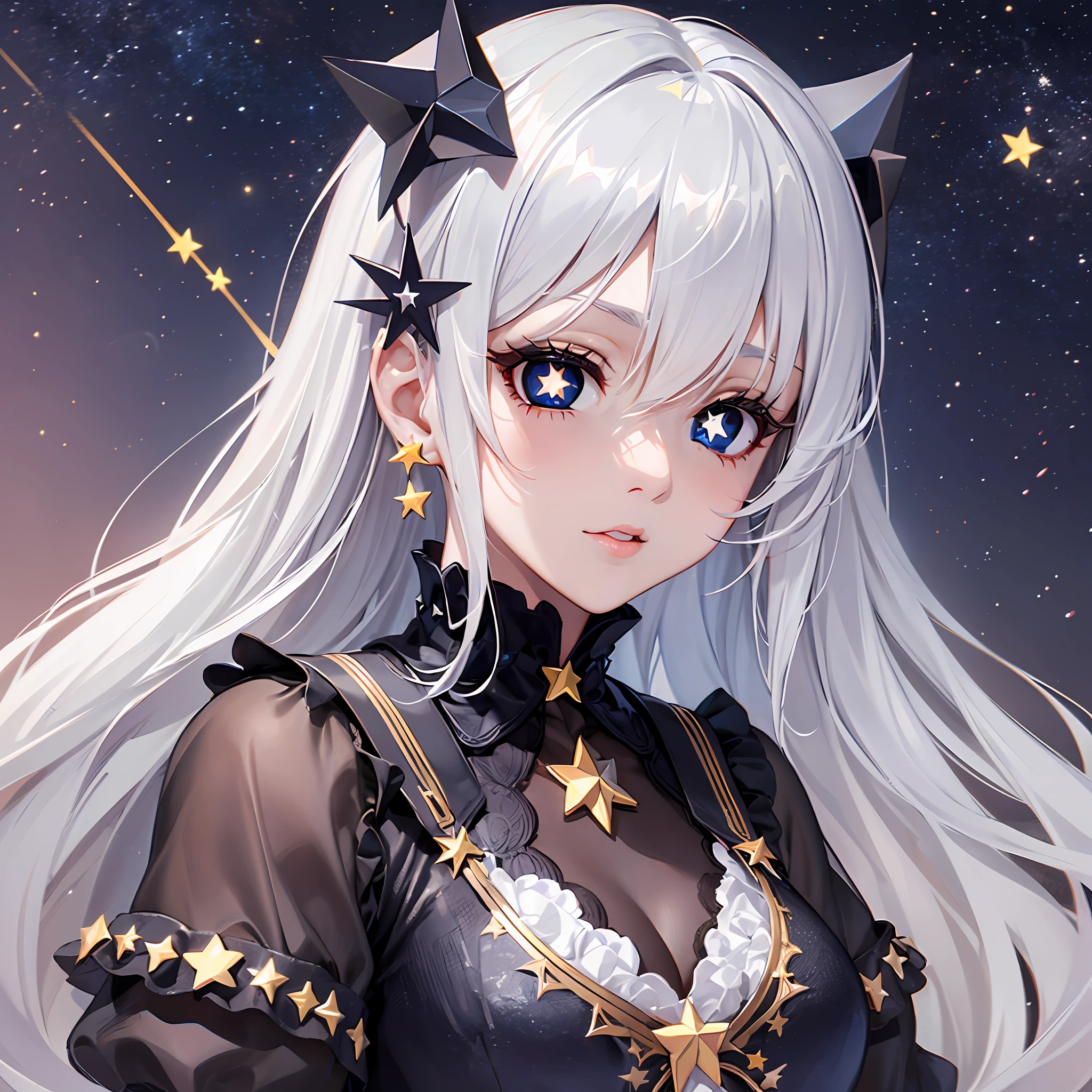 A cute white-haired girl with bangs, ((star-shaped pupils:1.4)), symbol-shaped pupils, pupils with symbols, gothic scenery background--Niji:5 --s2