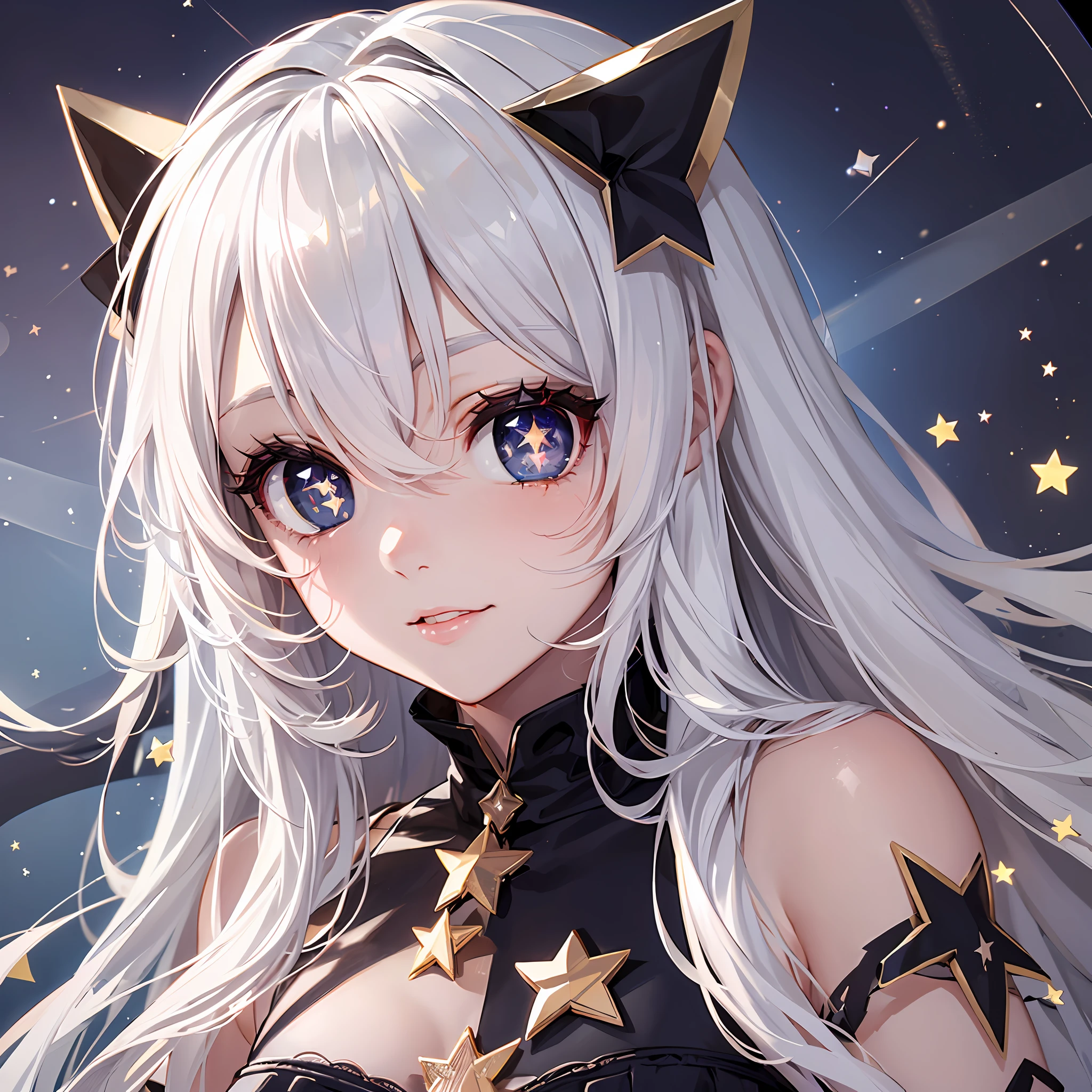 A cute white-haired girl with bangs, ((star-shaped pupils:1.4)), symbol-shaped pupils, pupils with symbols, gothic scenery background--Niji:5 --s2