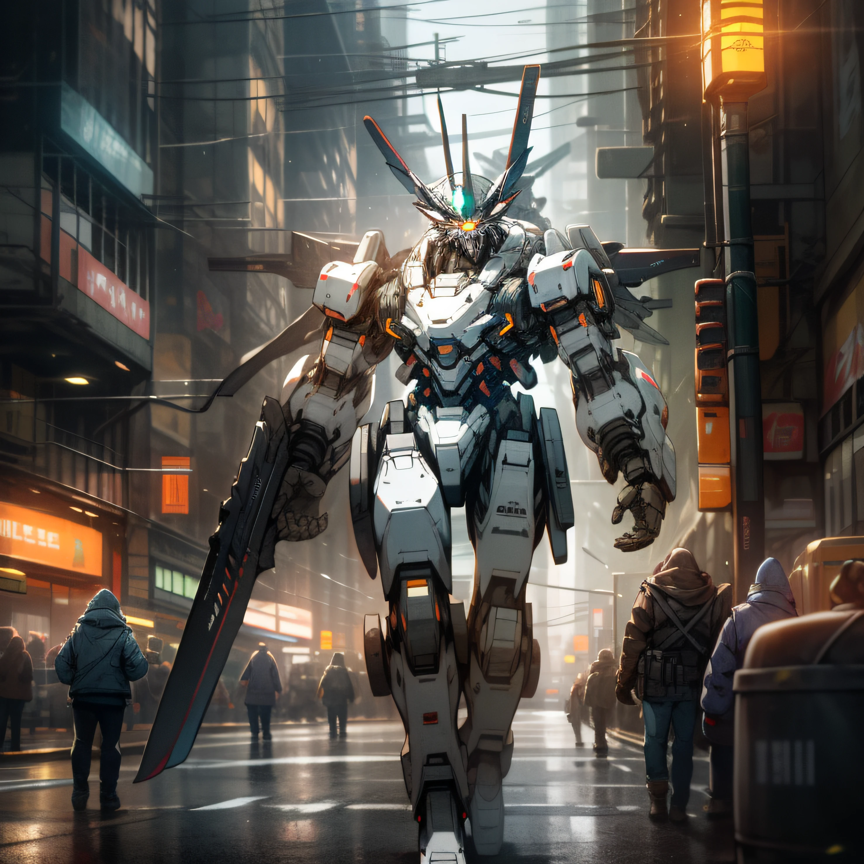 On busy streets, armed with weapons, no humans, glow, robots, buildings, glowing eyes, orange mechs, science fiction, cities, reality, mechs, neon, cyberpunk