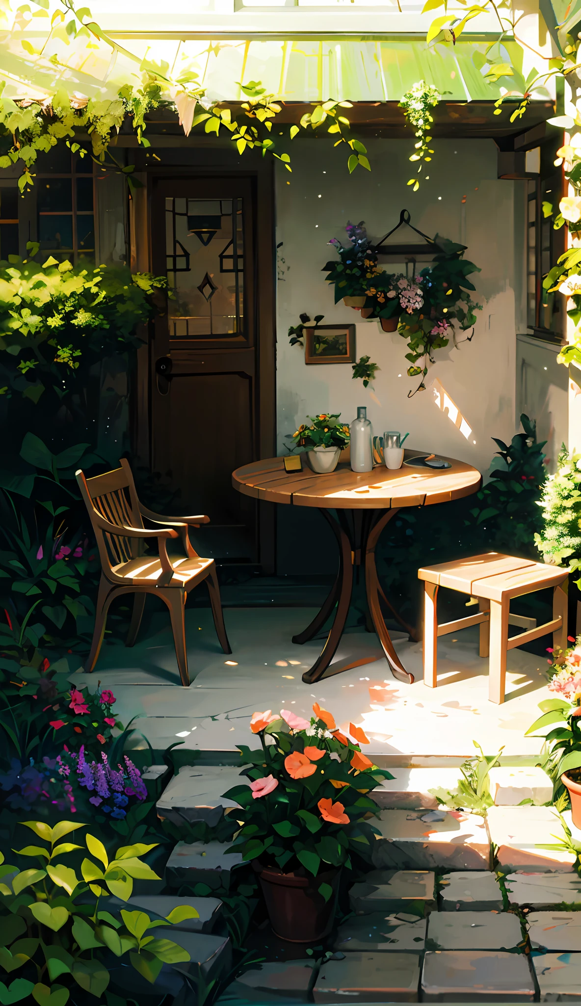 there is a painting of a garden with a table and chairs, cozy cafe background, interior background art, relaxing concept art, garden background, anime background art, realistic garden, garden environment, relaxing environment, quiet and serene atmosphere, personal room background, garden setting, anime beautiful peace scene, peaceful ambience, cute style garden, peaceful environment, peaceful scene