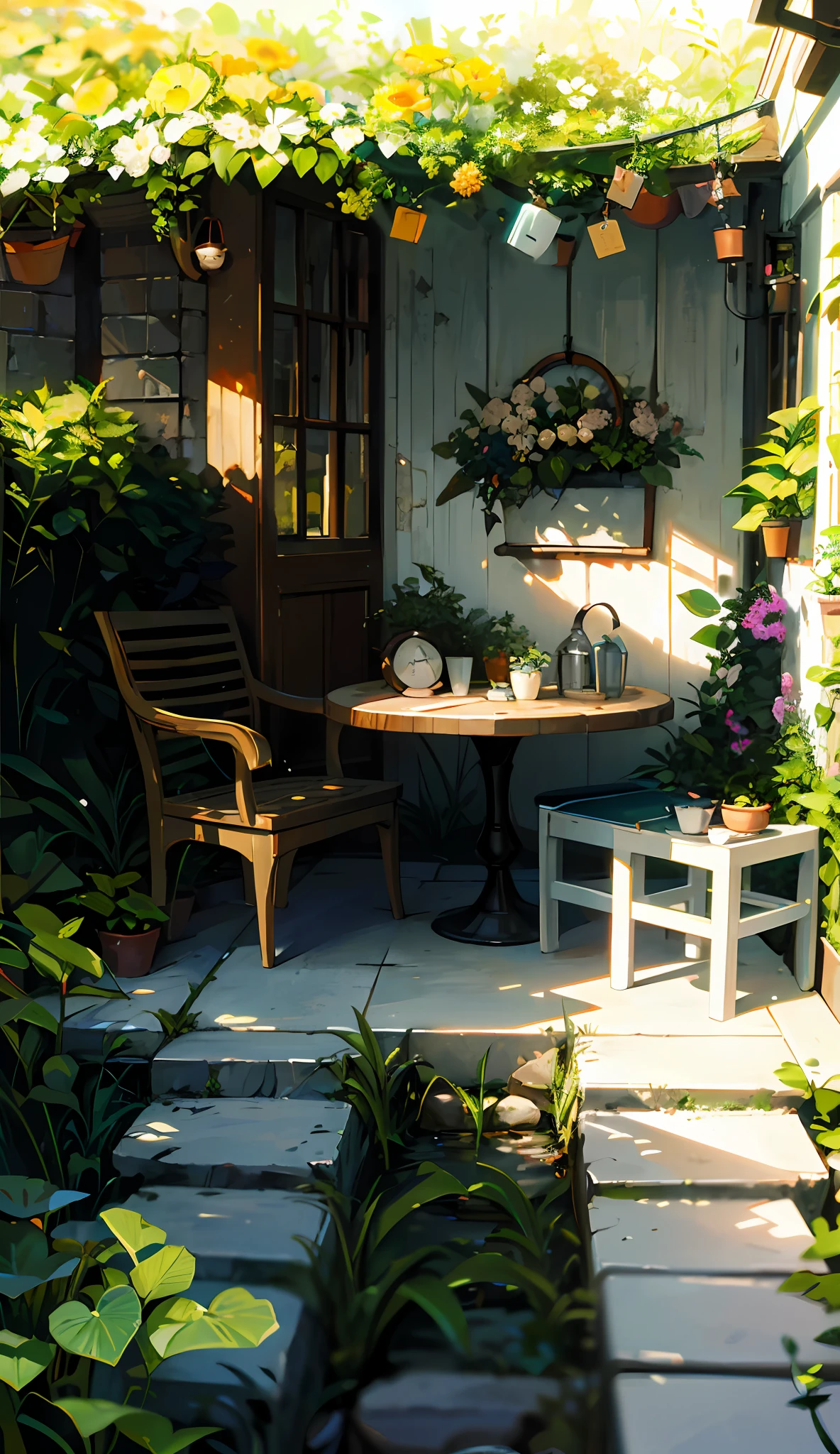 there is a painting of a garden with a table and chairs, cozy cafe background, interior background art, relaxing concept art, garden background, anime background art, realistic garden, garden environment, relaxing environment, quiet and serene atmosphere, personal room background, garden setting, anime beautiful peace scene, peaceful ambience, cute style garden, peaceful environment, peaceful scene