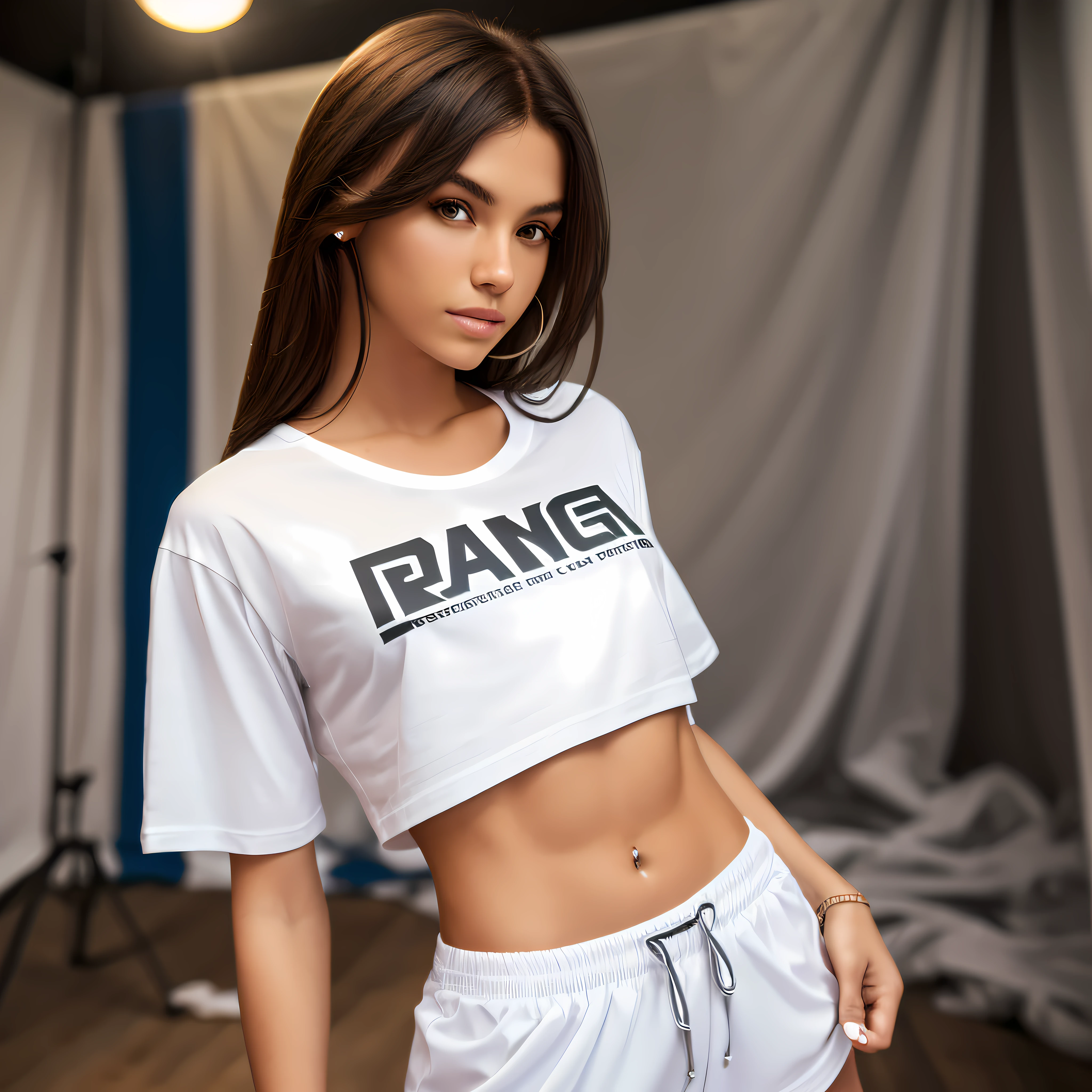 Man, model wearing a white T-shirt, standing, in a photographic studio, sports shorts, brunette hair, Brazilian aspect