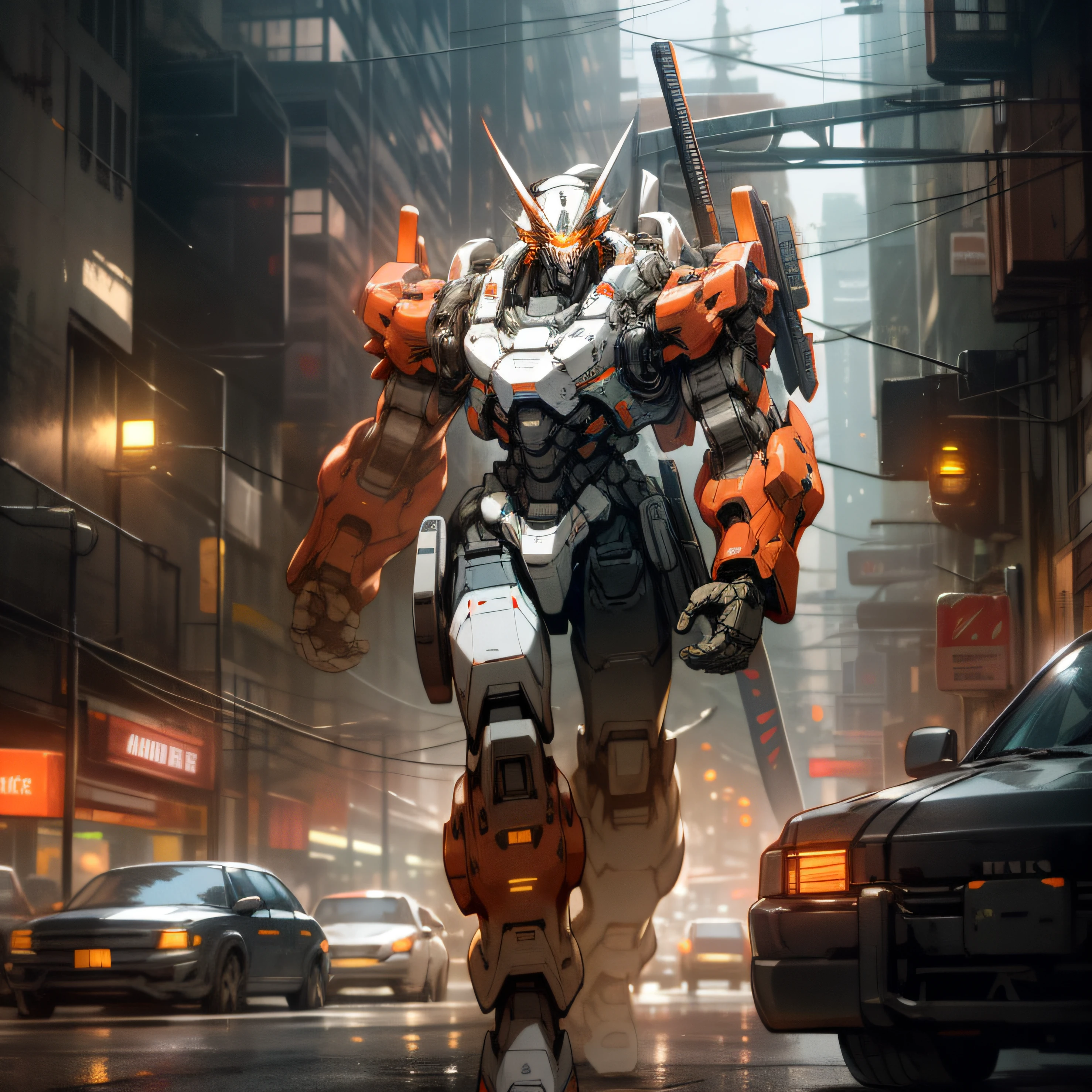 On busy streets, armed with weapons, no humans, glow, robots, buildings, glowing eyes, orange mechs, science fiction, cities, reality, mechs, neon, cyberpunk