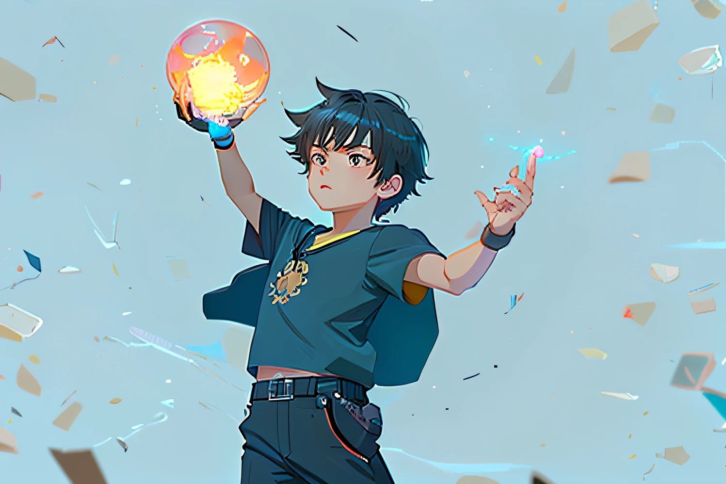 cartoon of a boy holding a glowing sphere, he is casting a lighting spell, inspired by Un'ichi Hiratsuka, in an anime style, wielding a fireball, [digital art]! Emerging a power over the hand