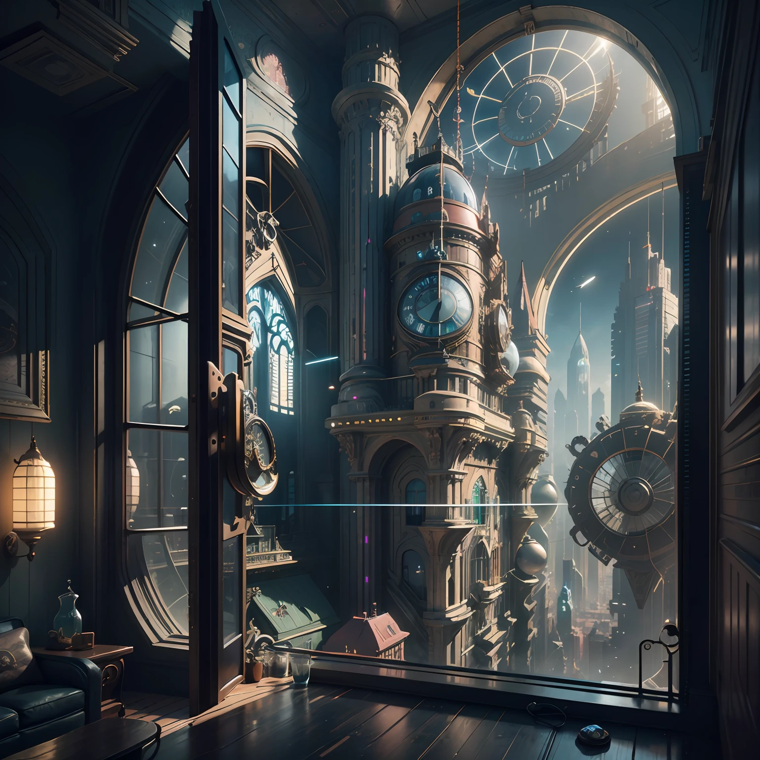 There is an ornate bedroom in the style of Versailles with a big historical window. A hyperrealistic cyberpunk dreamscape cityscape is in the window. The cityscape is extremely detailed with many lights and LED neon colors and buildings of many different sizes. The cityscape has all colors of the rainbow and has hires interesting flying steampunk dirigibles. A giant steampunk standalone clock is seen ((through the window)). The entire artwork is very realistic with many small details and enhancements. 3D render beeple, artstation and beeple highly, in fantasy sci-fi city, inspired by beeple, 8k, unreal engine unity CGI. Masterpiece and popular. Add many fantastical and beautiful details and nuances.