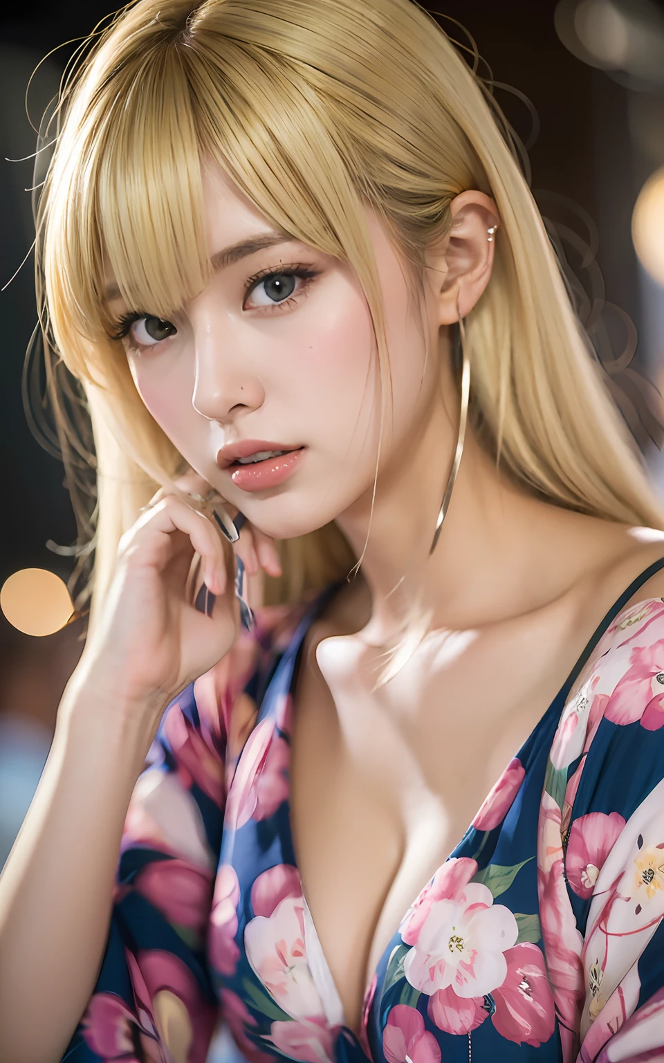 Highly detailed CG Unity 8k wallpaper, top quality, super detailed, masterpiece, realistic, photo realistic, very detailed cute girl, 25 years old,  ((blonde hair:1.4)), ((dyed blonde)), (gyaru), round eyes, viewer,  blush, parted lips, half body shot ,
yukata, festival
