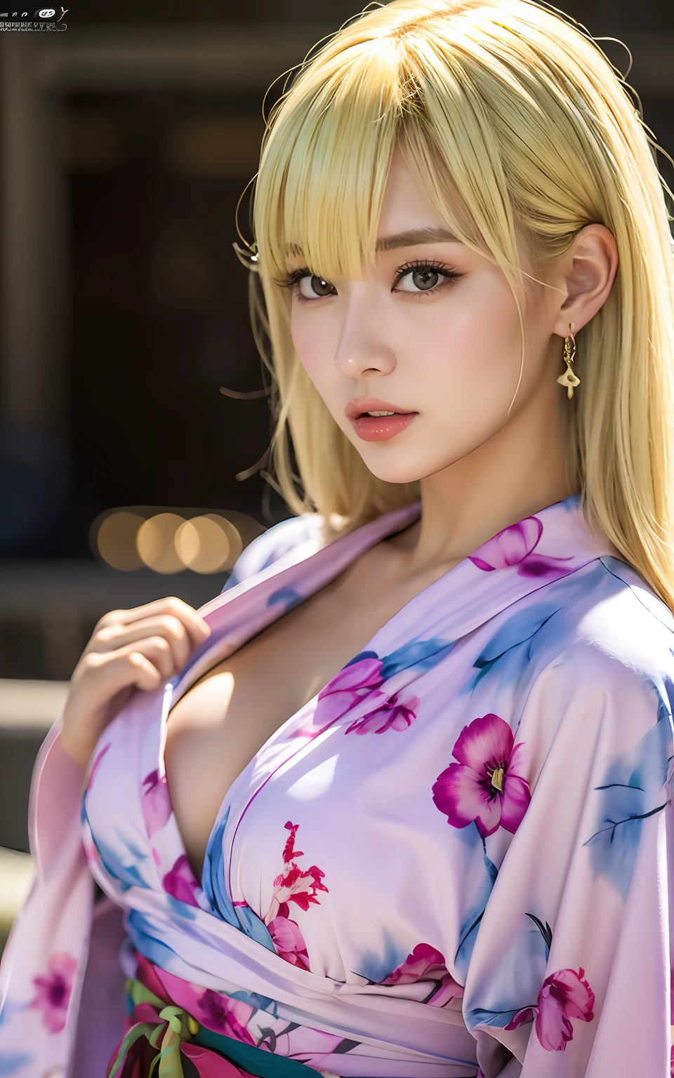 Highly detailed CG Unity 8k wallpaper, top quality, super detailed, masterpiece, realistic, photo realistic, very detailed cute girl, 25 years old,  ((blonde hair:1.4)), ((dyed blonde)), (gyaru), round eyes, viewer,  blush, parted lips, half body shot ,
yukata, festival