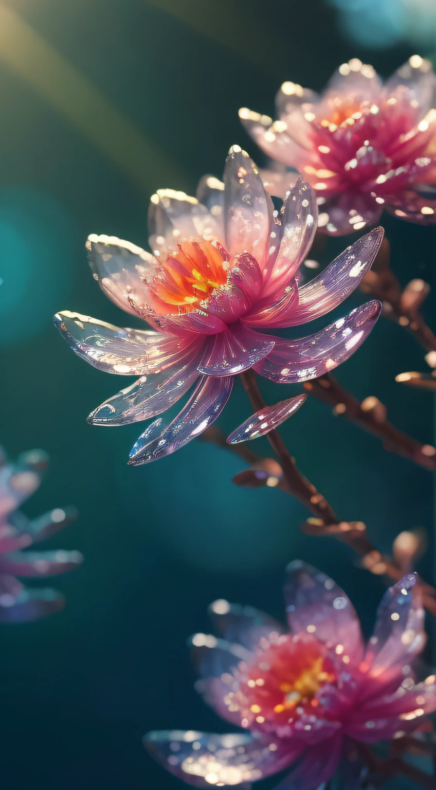 crystal spring blossom,
fantasy, galaxy, transparent, 
shimmering, sparkling, splendid, colorful, 
magical photography, dramatic lighting, photo realism, ultra-detailed, 4k, Depth of field, High-resolution