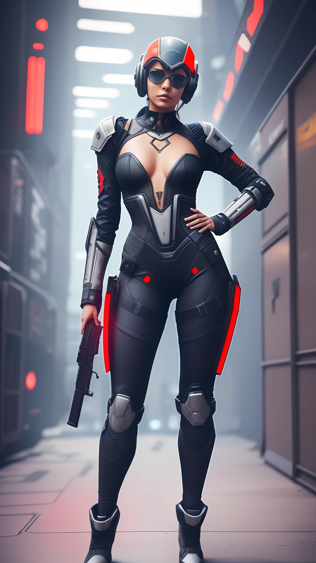 a woman in a futuristic outfit standing with a gun, full body x-force outfit, mechanized soldier girl, sci fi female character, dystopian scifi outfit, sci-fi female, wearing techwear and armor, video game character, futuristic clothing and helmet, cyberpunk 18yo model girl, sci fi futuristic costume, full body female, female cyborg