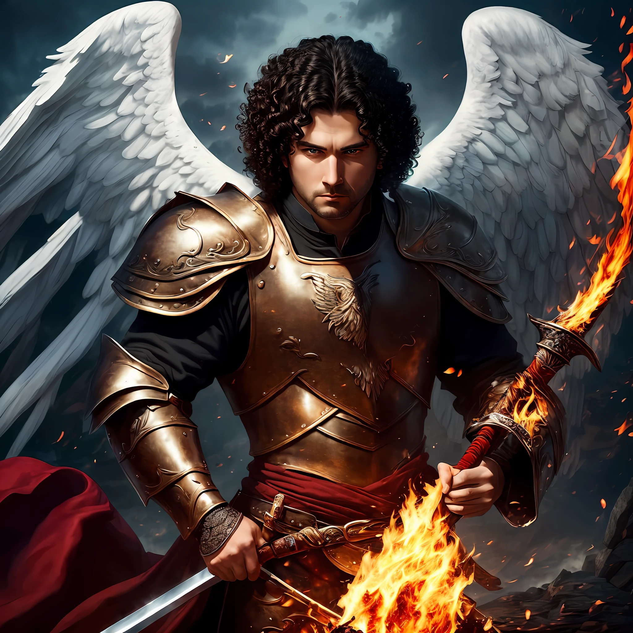 A white man, with brown eyes, black curly hair, angelic face, with red eagle wings, wearing plate armor, with a flaming sword in his hand --auto