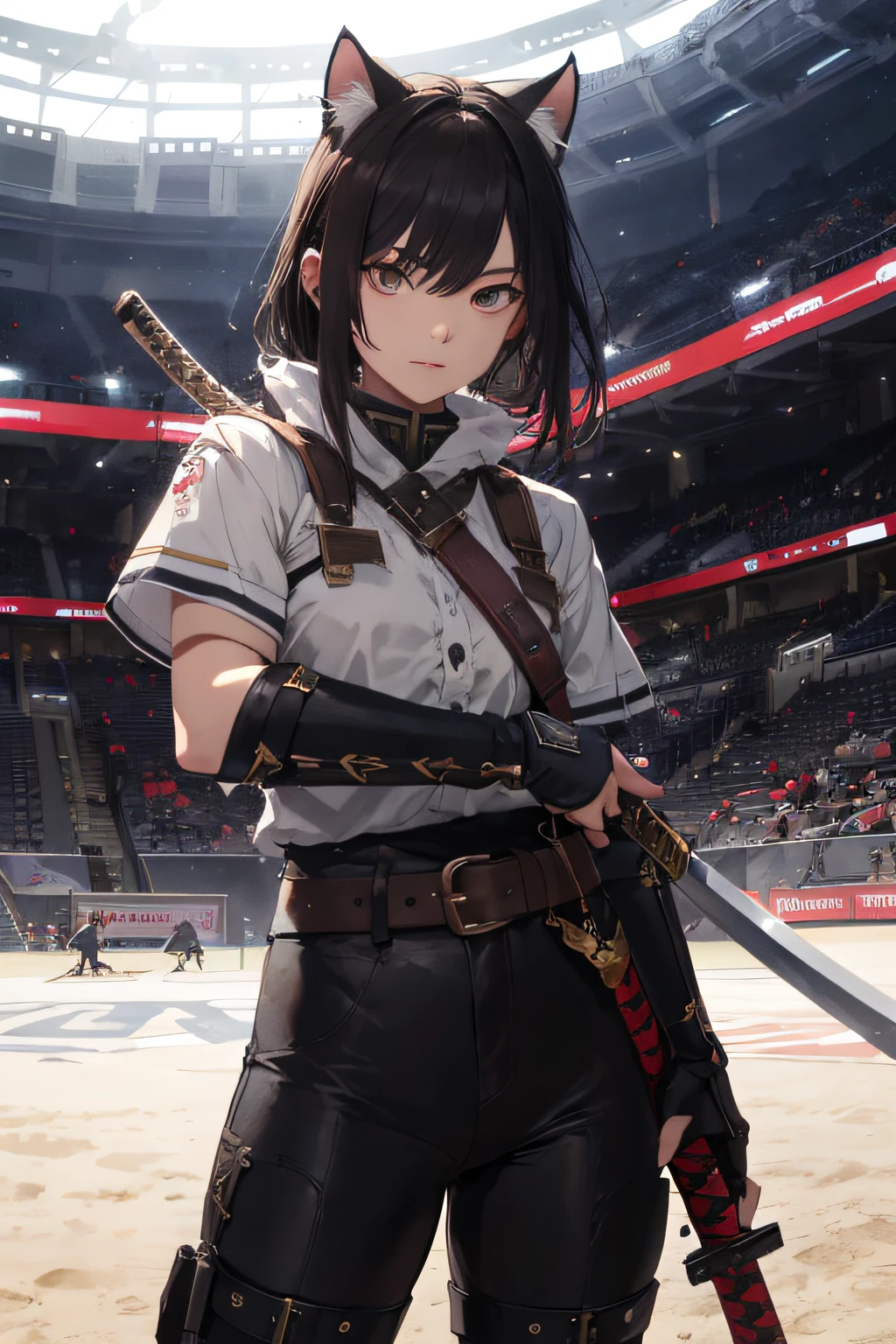Xtremely detailed 4K illustration of a girl with a cat's ear wielding a katana, dark hair and long, in an arena just like the Colosseum, wearing short but covered clothes