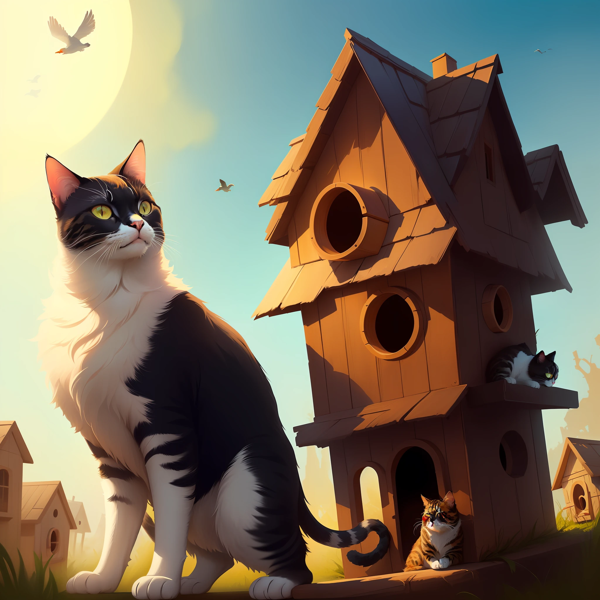 there is a cat that is looking at a bird house, cyril rolando and goro fujita, by Goro Fujita, adorable digital painting, stylized digital illustration, in style of cyril rolando, by Ivan Generalić, inspired by Cyril Rolando, by Yi Inmun, very coherent stylized artwork, sergey kolesov