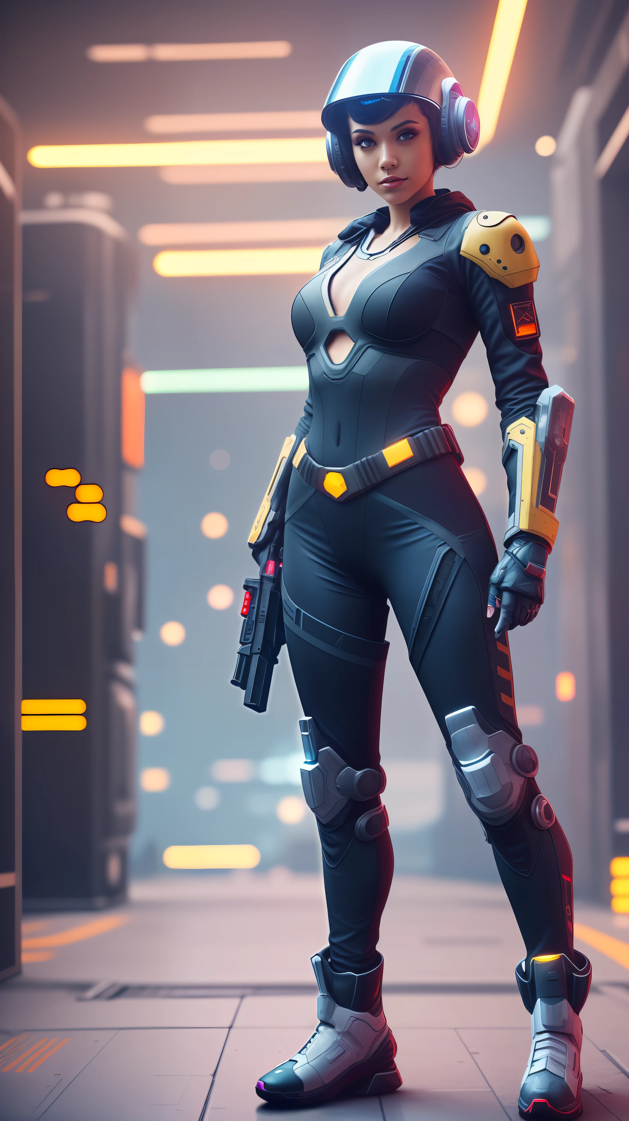 a woman in a futuristic outfit standing with a gun, full body x-force outfit, mechanized soldier girl, sci fi female character, dystopian scifi outfit, sci-fi female, wearing techwear and armor, video game character, futuristic clothing and helmet, cyberpunk 18yo model girl, sci fi futuristic costume, full body female, female cyborg