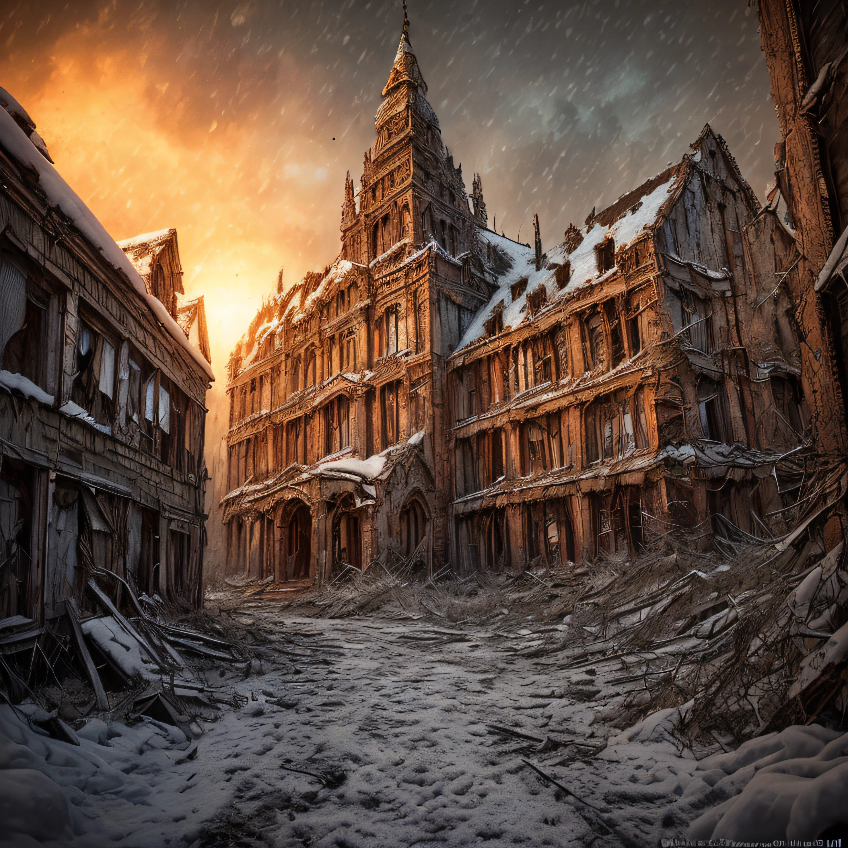 Apocalypse, Epic Reality, (hdr: 1.4), Apocalypse, Frozen, Dilapidated, Abandoned, Cool Colors, Dark Night, Screen Space Refraction, Epic Composition, (Intricate Detail), (Intricate Detail, Ultra Detail: 1.2 ), Art Station, Movie Clips, Vignetting, Complex Backgrounds, Buildings, Snow, (Masterpiece, Best Quality) --v 6